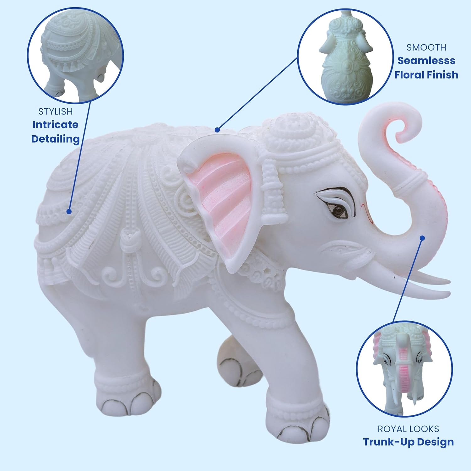 Large Auspicious White Elephant Hathi Showpiece Set of 2 | 8 Inch Vastu Trunk Up Figurine for Home Office Table Diwali Decoration Gifting — photo — 2 of 8
