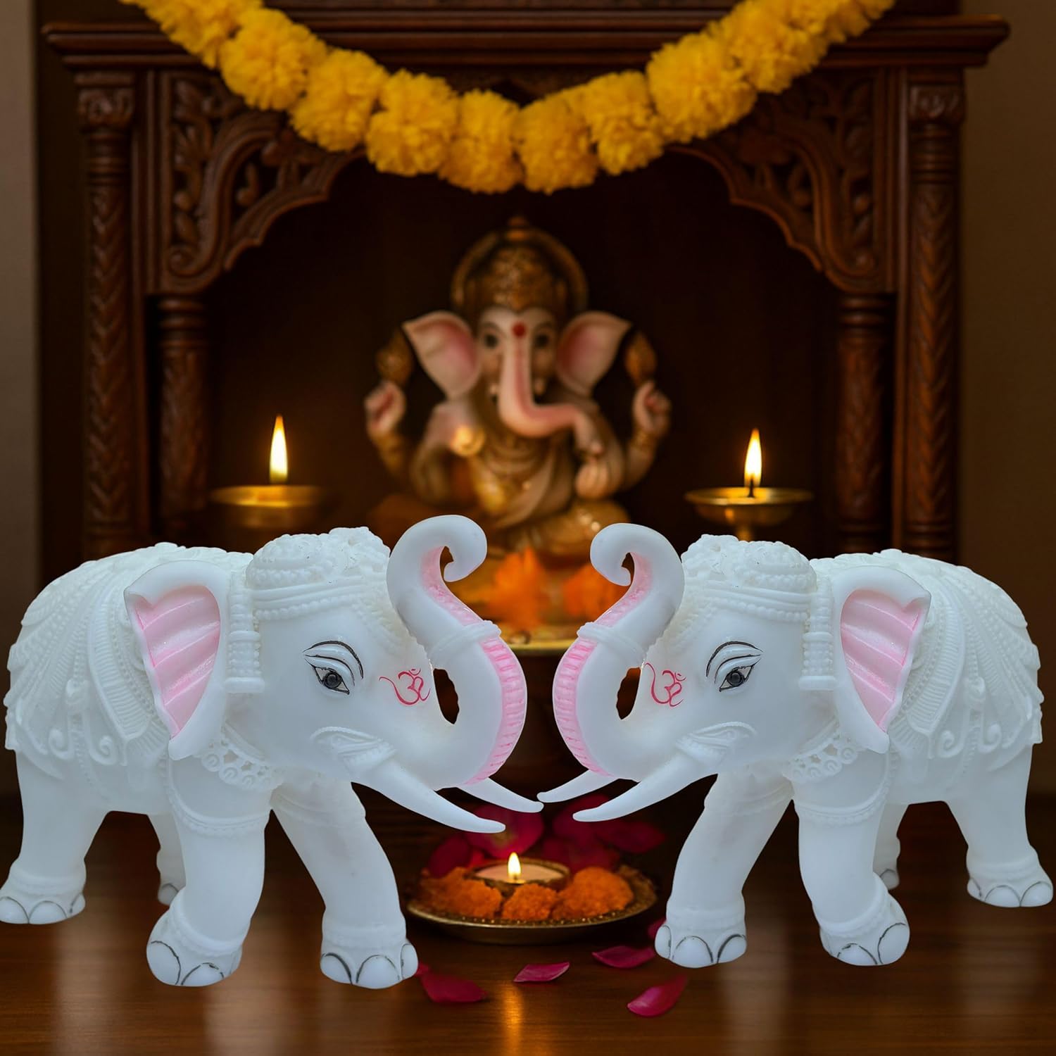 Large Auspicious White Elephant Hathi Showpiece Set of 2 | 8 Inch Vastu Trunk Up Figurine for Home Office Table Diwali Decoration Gifting — photo — 8 of 8