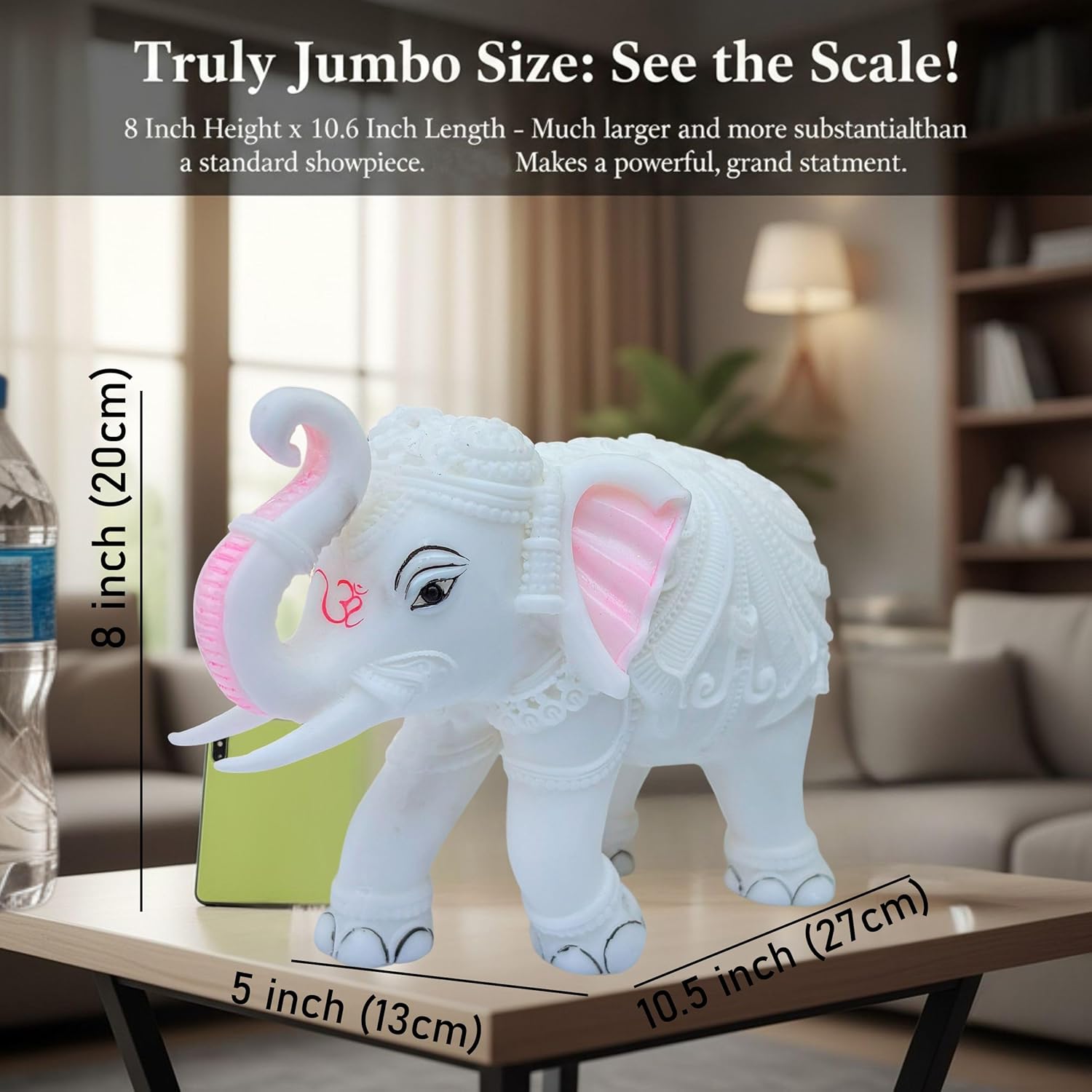 Large Auspicious White Elephant Hathi Showpiece Set of 2 | 8 Inch Vastu Trunk Up Figurine for Home Office Table Diwali Decoration Gifting — photo — 6 of 8