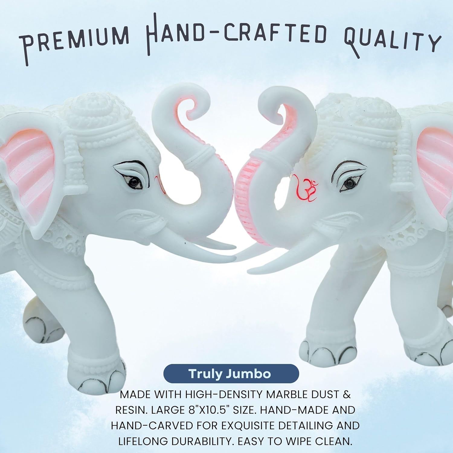 Large Auspicious White Elephant Hathi Showpiece Set of 2 | 8 Inch Vastu Trunk Up Figurine for Home Office Table Diwali Decoration Gifting — photo — 3 of 8
