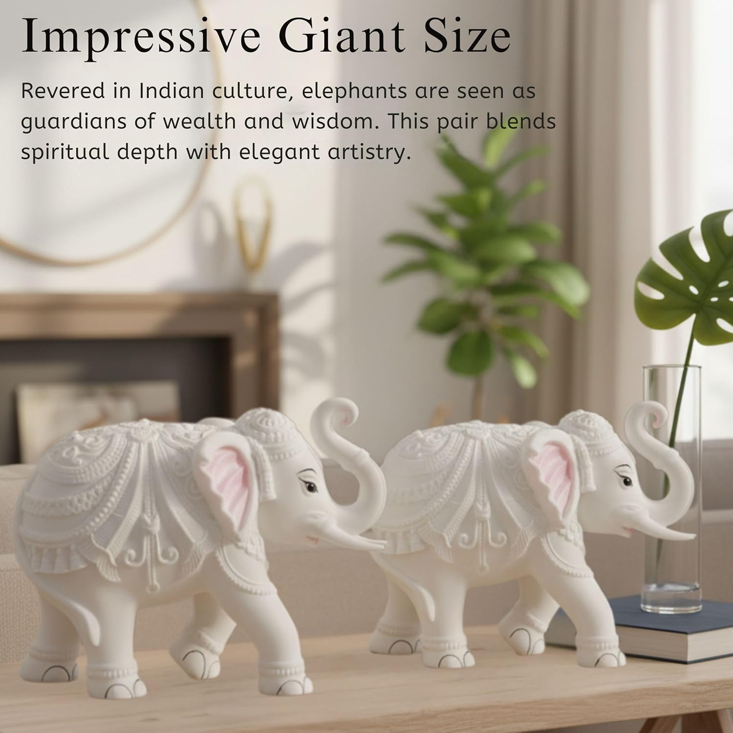 Large Auspicious White Elephant Hathi Showpiece Set of 2 | 8 Inch Vastu Trunk Up Figurine for Home Office Table Diwali Decoration Gifting — photo — 7 of 8