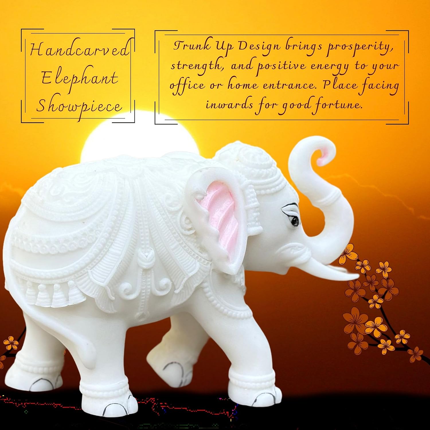 Large Auspicious White Elephant Hathi Showpiece Set of 2 | 8 Inch Vastu Trunk Up Figurine for Home Office Table Diwali Decoration Gifting — photo — 4 of 8