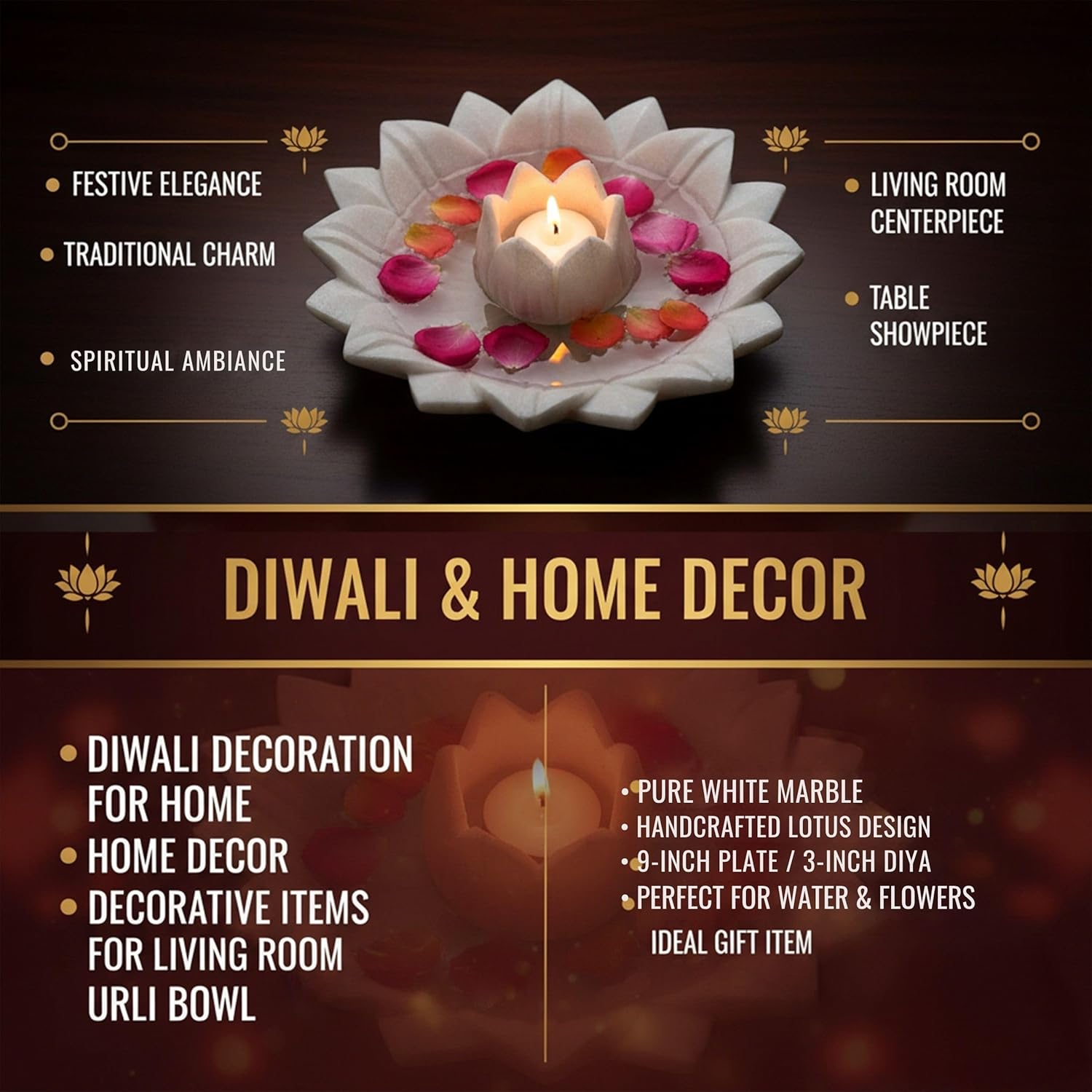 White Marble Lotus Plate with Diya Tealight Candle Holder – 9 Inch Decorative Centerpiece for Home Decor, Diwali Decoration, Pooja Room, Living Room & Gifting — photo — 3 of 7