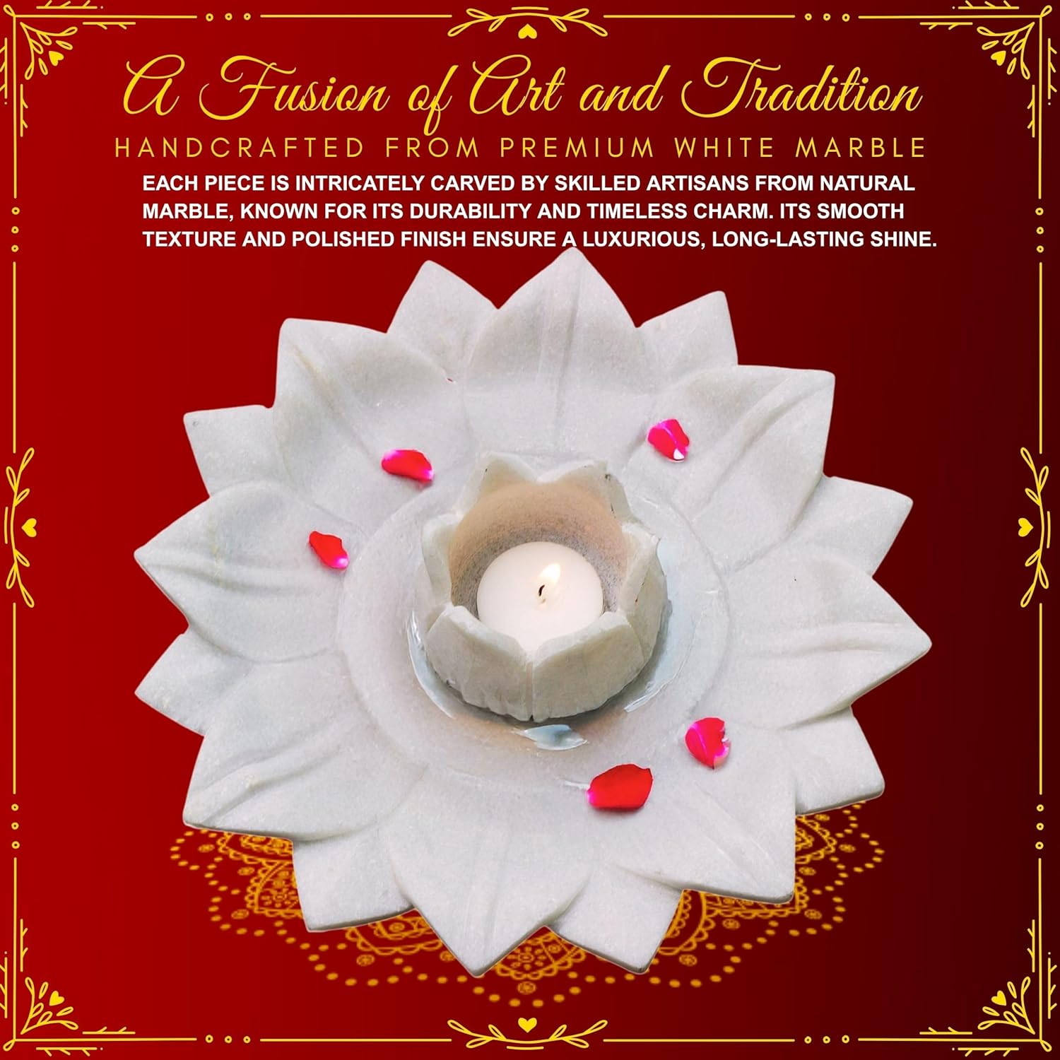 White Marble Lotus Plate with Diya Tealight Candle Holder – 9 Inch Decorative Centerpiece for Home Decor, Diwali Decoration, Pooja Room, Living Room & Gifting — photo — 7 of 7