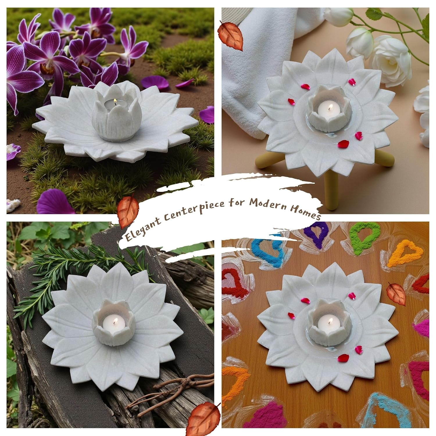 White Marble Lotus Plate with Diya Tealight Candle Holder – 9 Inch Decorative Centerpiece for Home Decor, Diwali Decoration, Pooja Room, Living Room & Gifting — photo — 6 of 7
