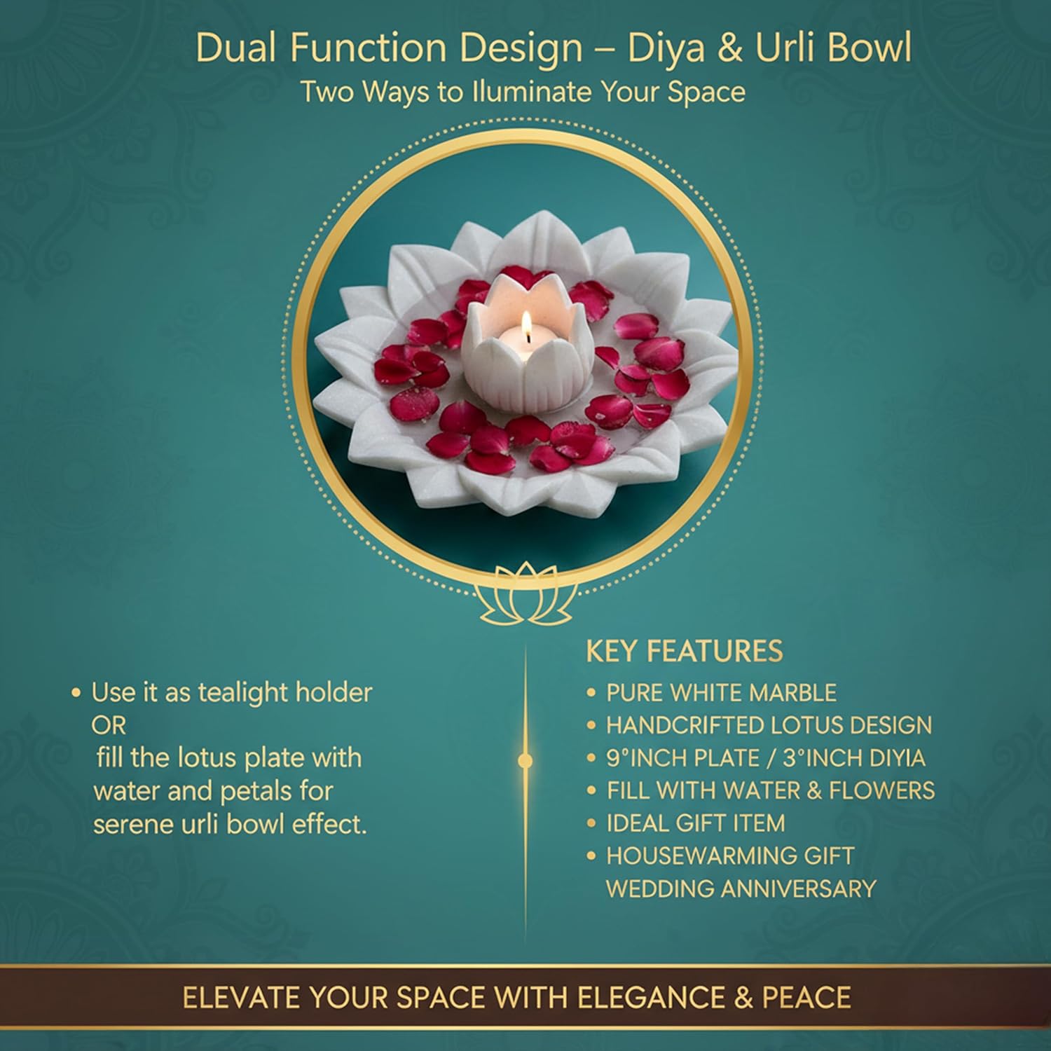 White Marble Lotus Plate with Diya Tealight Candle Holder – 9 Inch Decorative Centerpiece for Home Decor, Diwali Decoration, Pooja Room, Living Room & Gifting — photo — 2 of 7