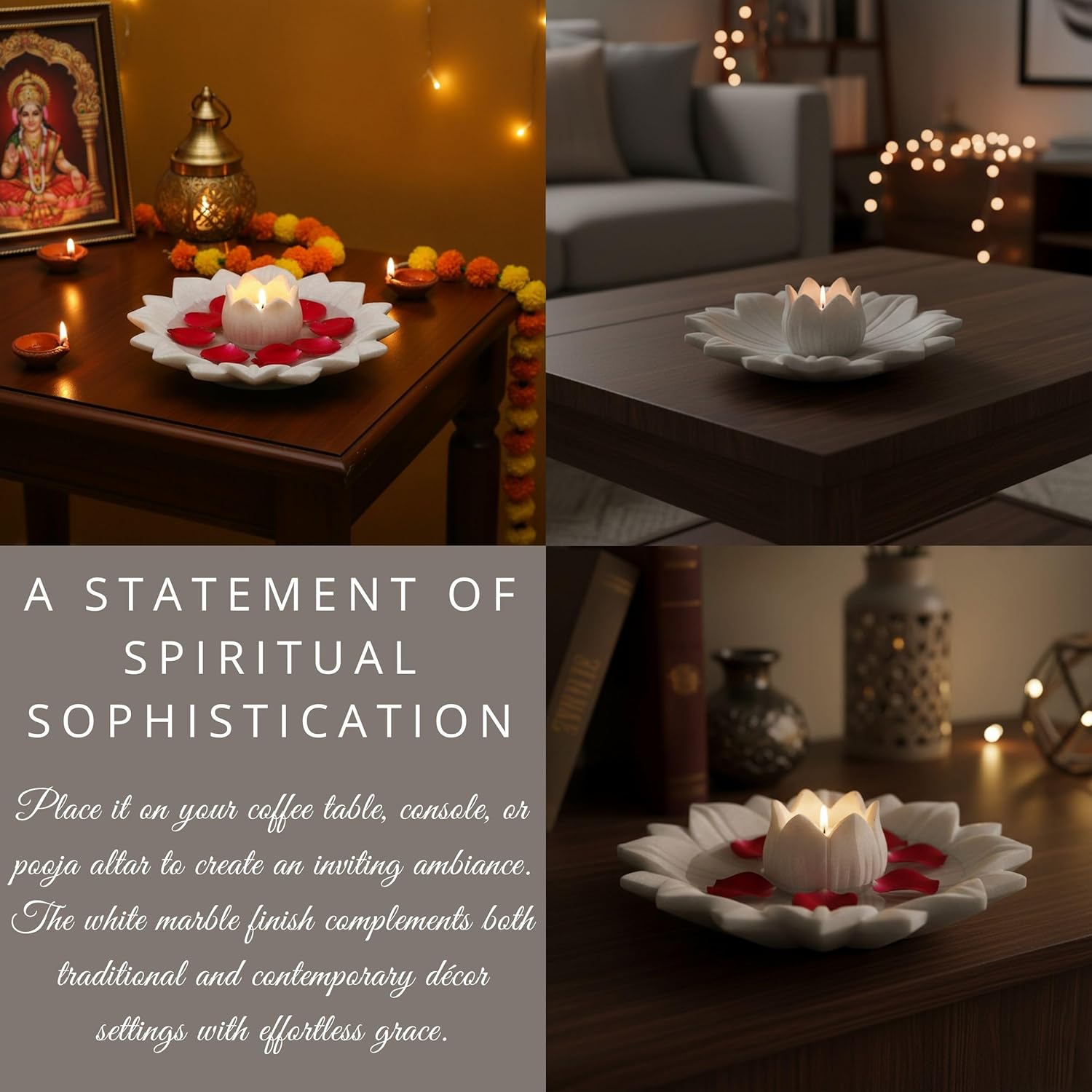 White Marble Lotus Plate with Diya Tealight Candle Holder – 9 Inch Decorative Centerpiece for Home Decor, Diwali Decoration, Pooja Room, Living Room & Gifting — photo — 4 of 7