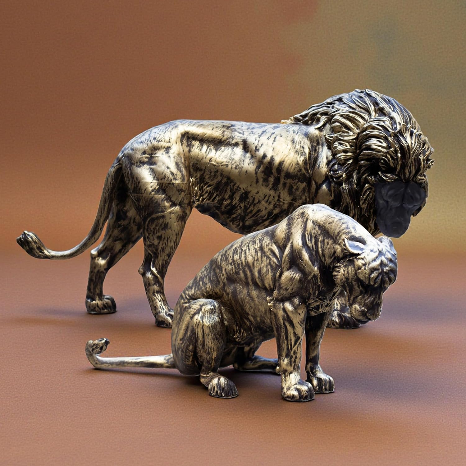 Royal Lion & Lioness Couple Panthera Polyresin Showpiece | Antique Gold Wildlife Figurine for Home Decor, Living Room, Office & Festive Gifting