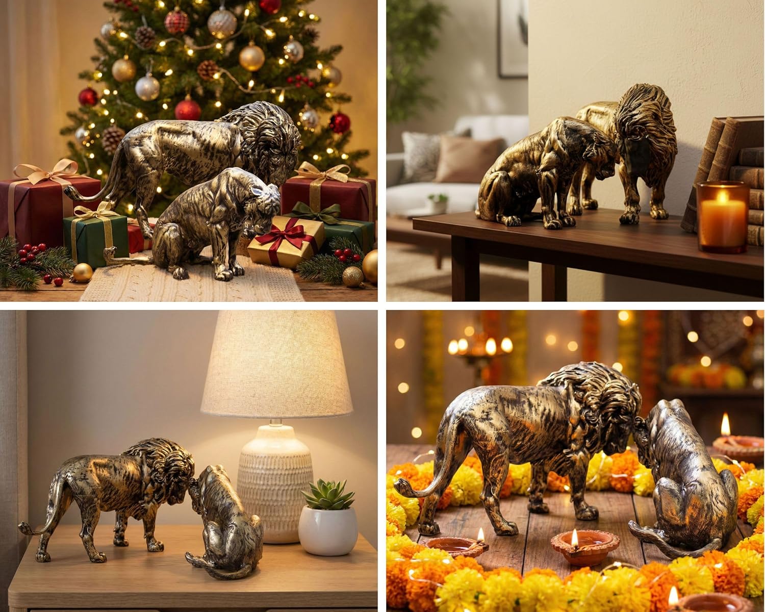 Royal Lion & Lioness Couple Panthera Polyresin Showpiece | Antique Gold Wildlife Figurine for Home Decor, Living Room, Office & Festive Gifting — photo — 6 of 8