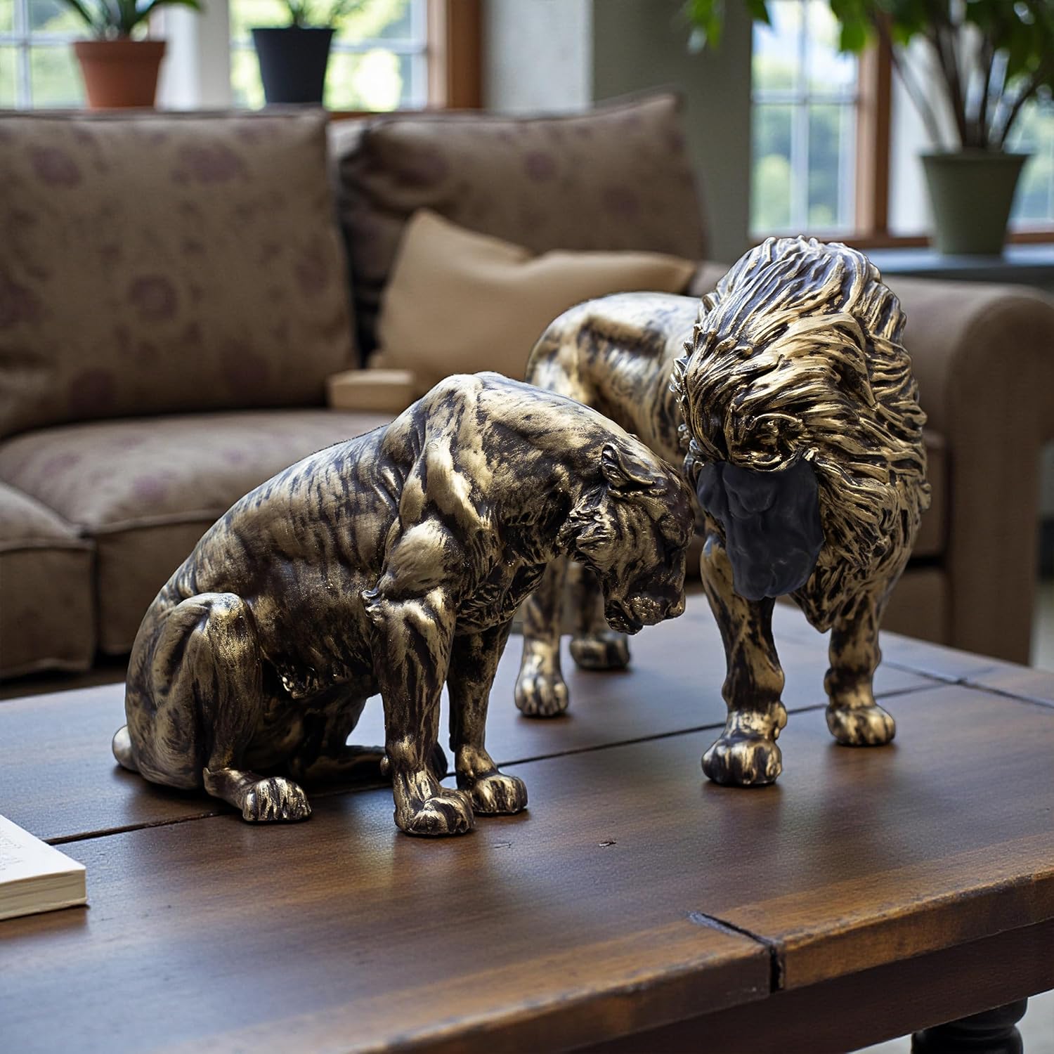 Royal Lion & Lioness Couple Panthera Polyresin Showpiece | Antique Gold Wildlife Figurine for Home Decor, Living Room, Office & Festive Gifting — photo — 7 of 8