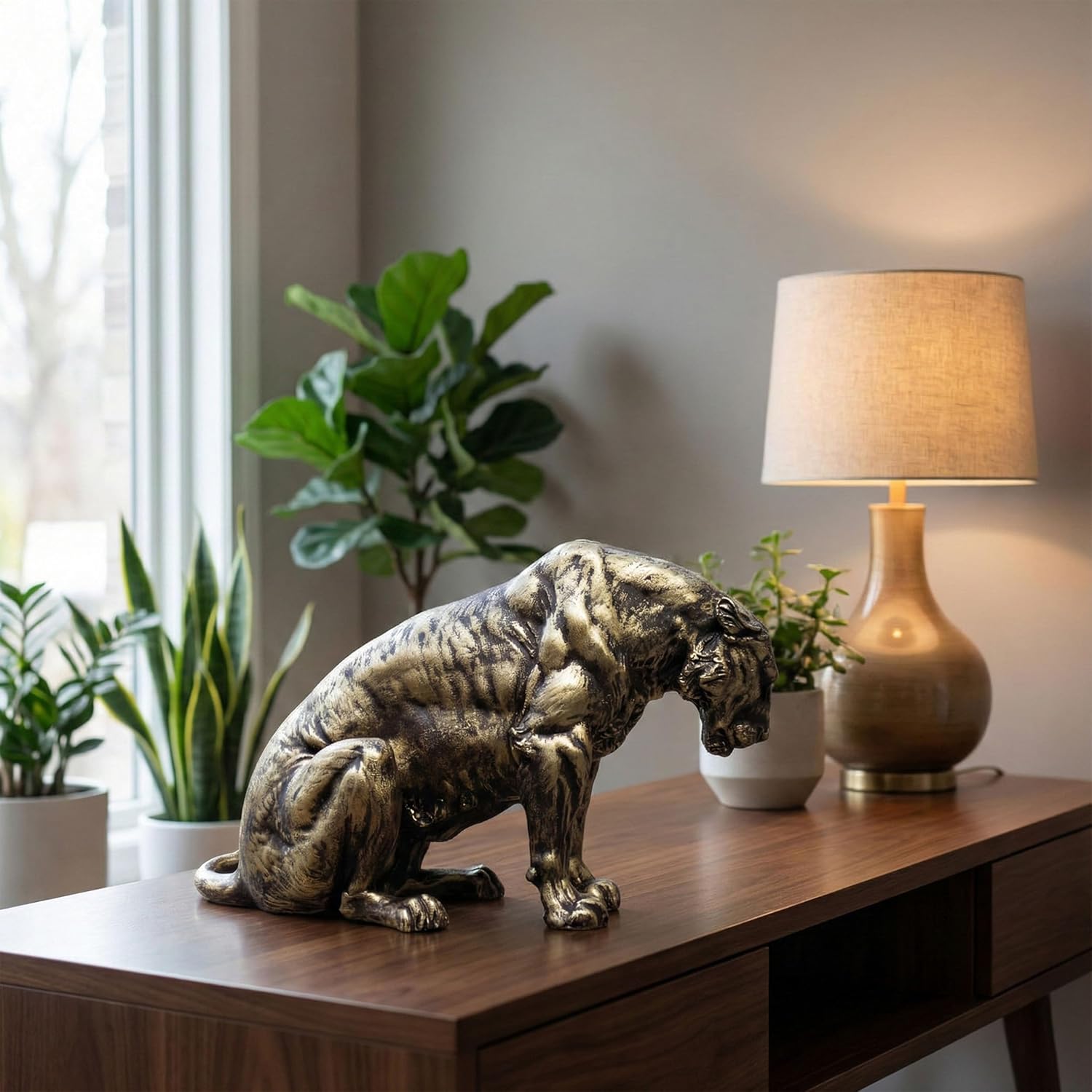 Royal Lion & Lioness Couple Panthera Polyresin Showpiece | Antique Gold Wildlife Figurine for Home Decor, Living Room, Office & Festive Gifting — photo — 8 of 8