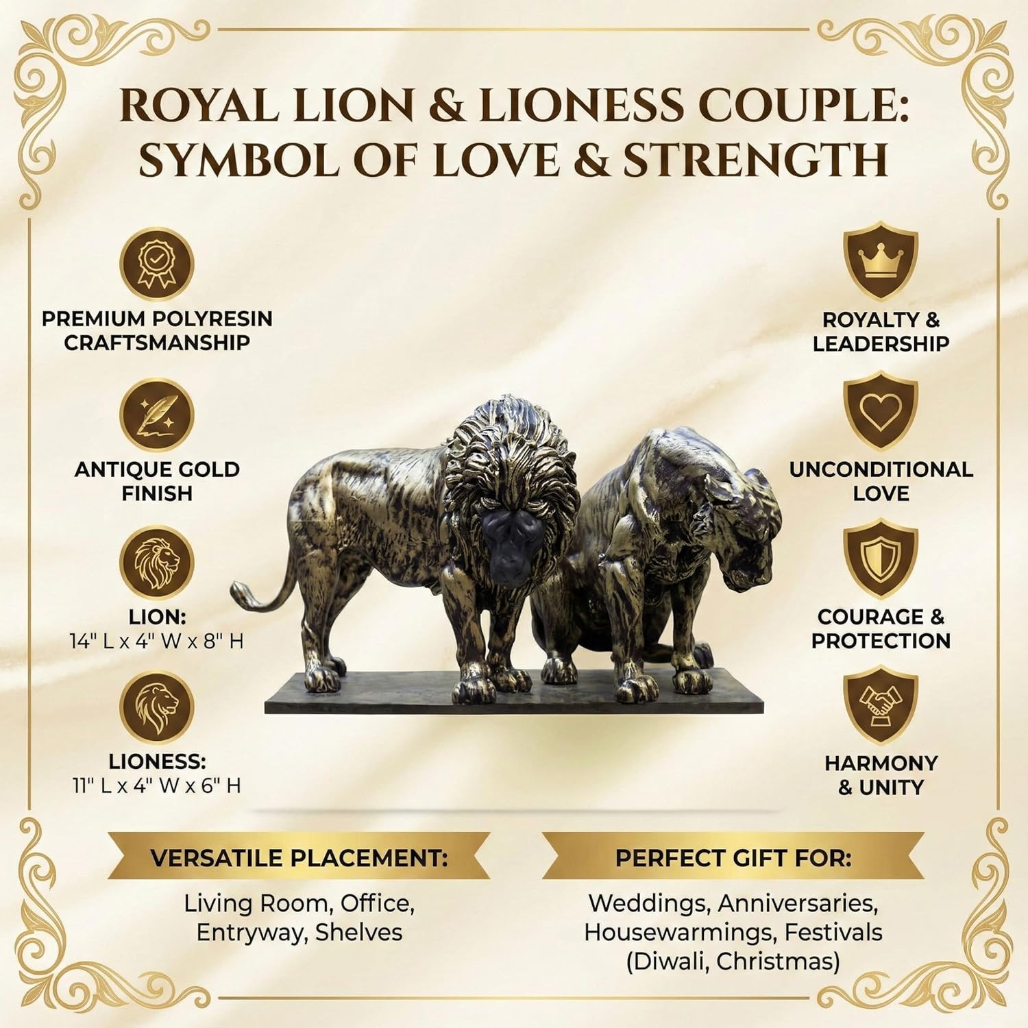 Royal Lion & Lioness Couple Panthera Polyresin Showpiece | Antique Gold Wildlife Figurine for Home Decor, Living Room, Office & Festive Gifting — photo — 3 of 8