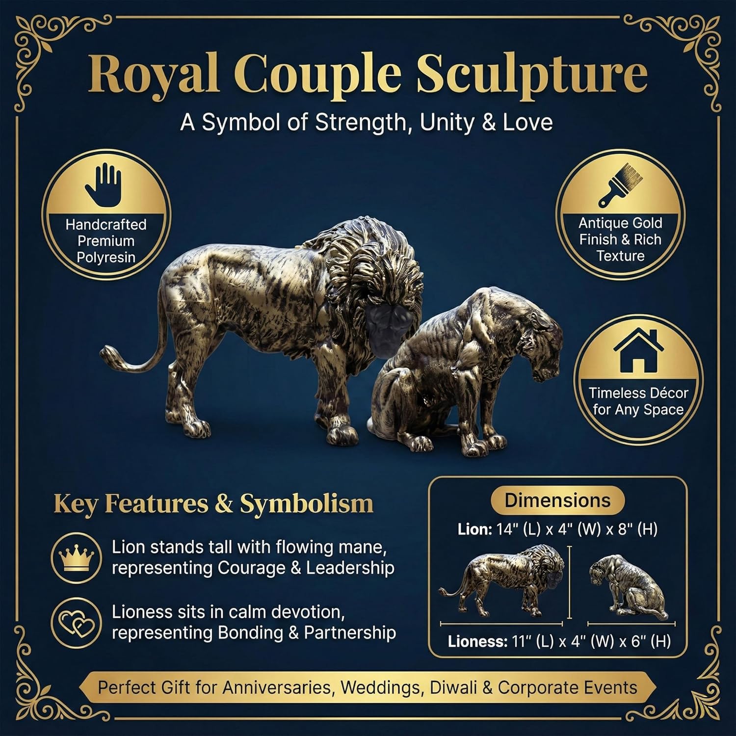 Royal Lion & Lioness Couple Panthera Polyresin Showpiece | Antique Gold Wildlife Figurine for Home Decor, Living Room, Office & Festive Gifting — photo — 5 of 8