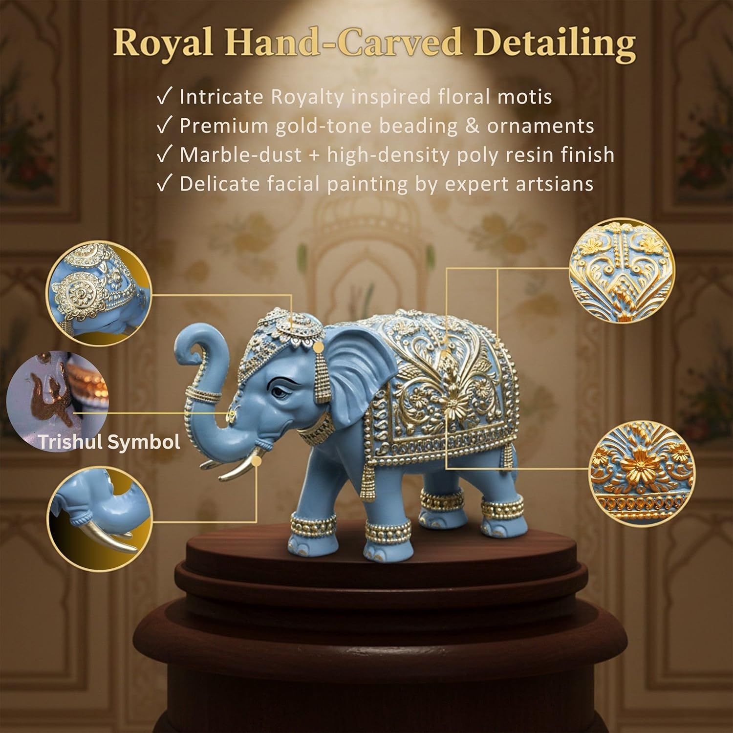 Royal Blue Gajraj Elephant Showpiece Pair for Home Decor | Marble Dust Resin (8x12 inch) Statue Set | Vastu Wealth, Prosperity Gift for Diwali & Housewarming — photo — 3 of 8