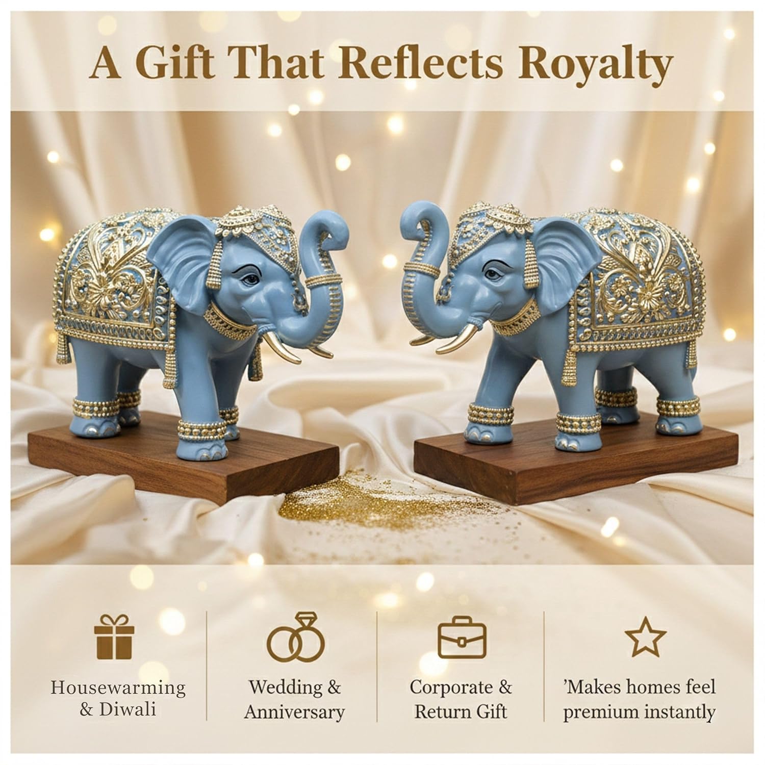 Royal Blue Gajraj Elephant Showpiece Pair for Home Decor | Marble Dust Resin (8x12 inch) Statue Set | Vastu Wealth, Prosperity Gift for Diwali & Housewarming — photo — 4 of 8