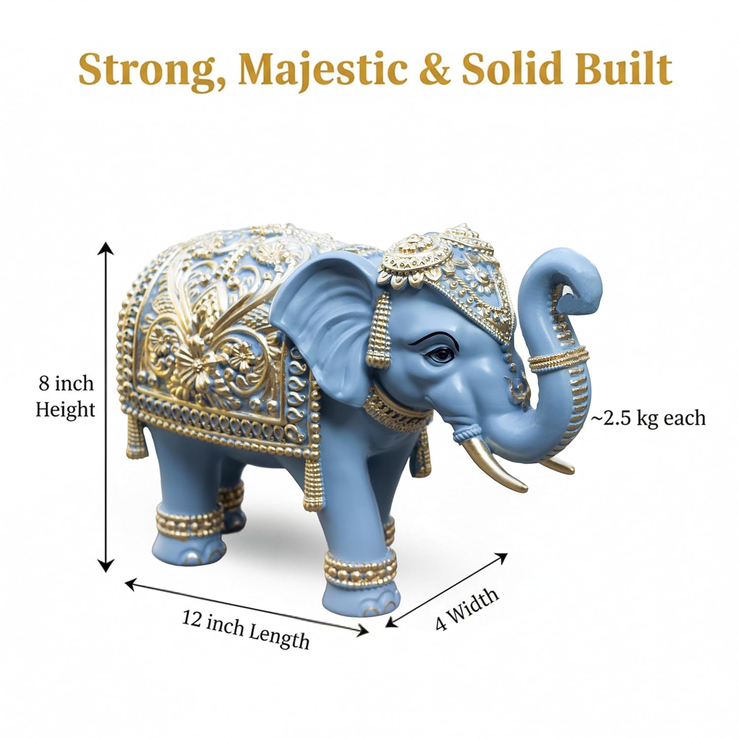 Royal Blue Gajraj Elephant Showpiece Pair for Home Decor | Marble Dust Resin (8x12 inch) Statue Set | Vastu Wealth, Prosperity Gift for Diwali & Housewarming — photo — 6 of 8