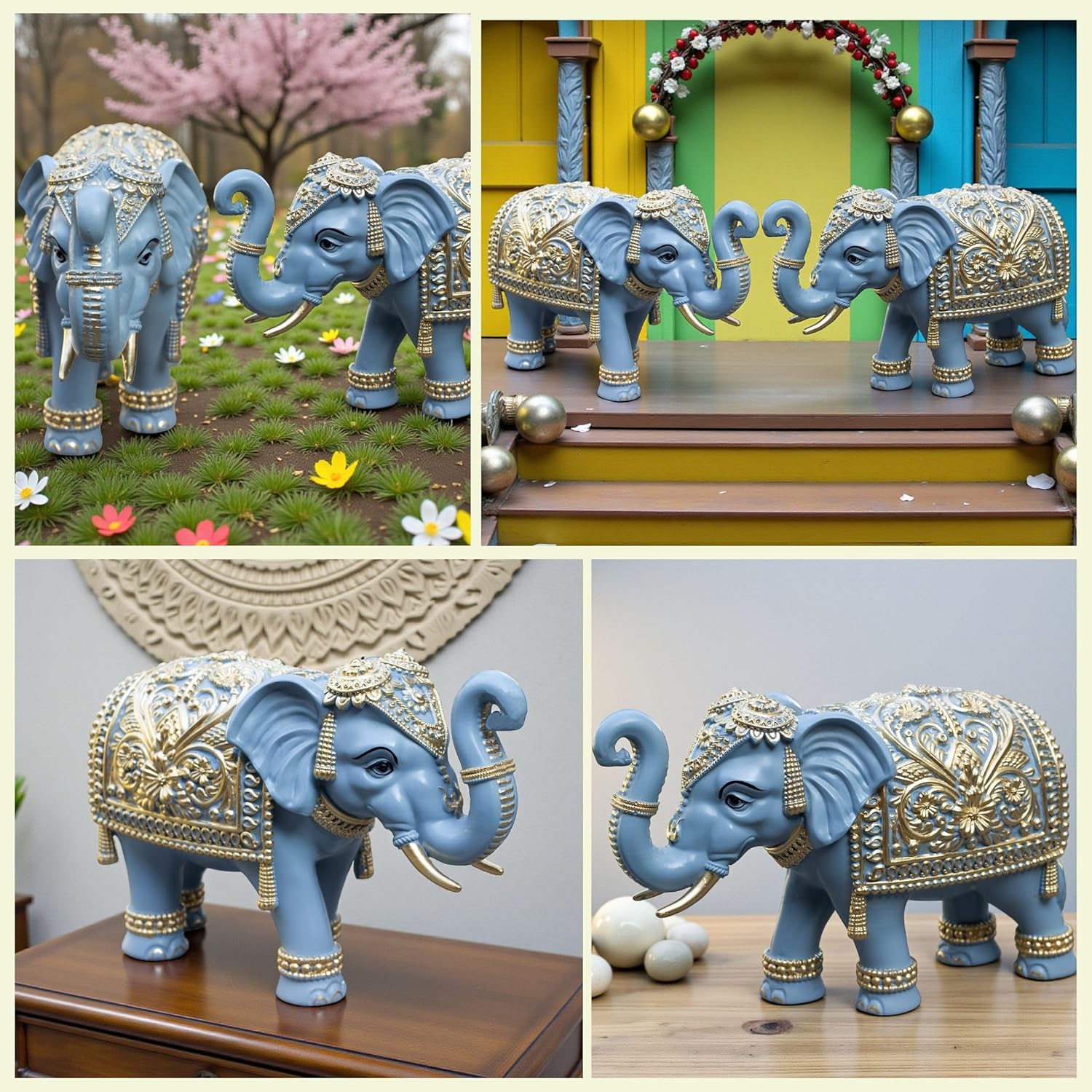 Royal Blue Gajraj Elephant Showpiece Pair for Home Decor | Marble Dust Resin (8x12 inch) Statue Set | Vastu Wealth, Prosperity Gift for Diwali & Housewarming — photo — 5 of 8