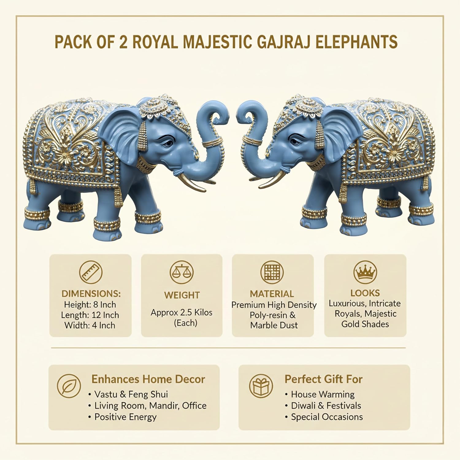 Royal Blue Gajraj Elephant Showpiece Pair for Home Decor | Marble Dust Resin (8x12 inch) Statue Set | Vastu Wealth, Prosperity Gift for Diwali & Housewarming — photo — 2 of 8