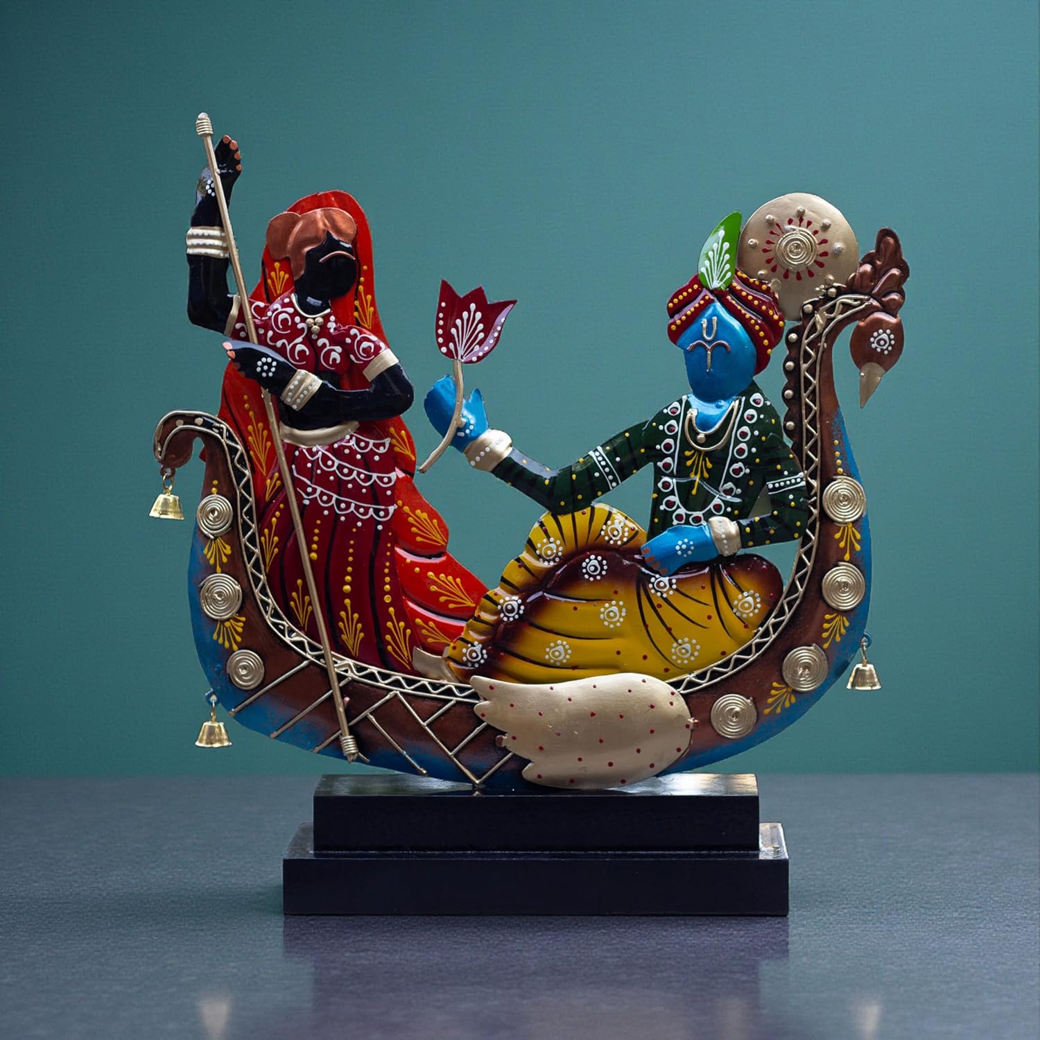 Radha Krishna Boat Showpiece for Home Decor | Iron Metal Decorative Idol with Wooden Base | 15 Inch Spiritual Statue for Living Room, Bedroom, Temple & Gifting — photo — 9 of 9