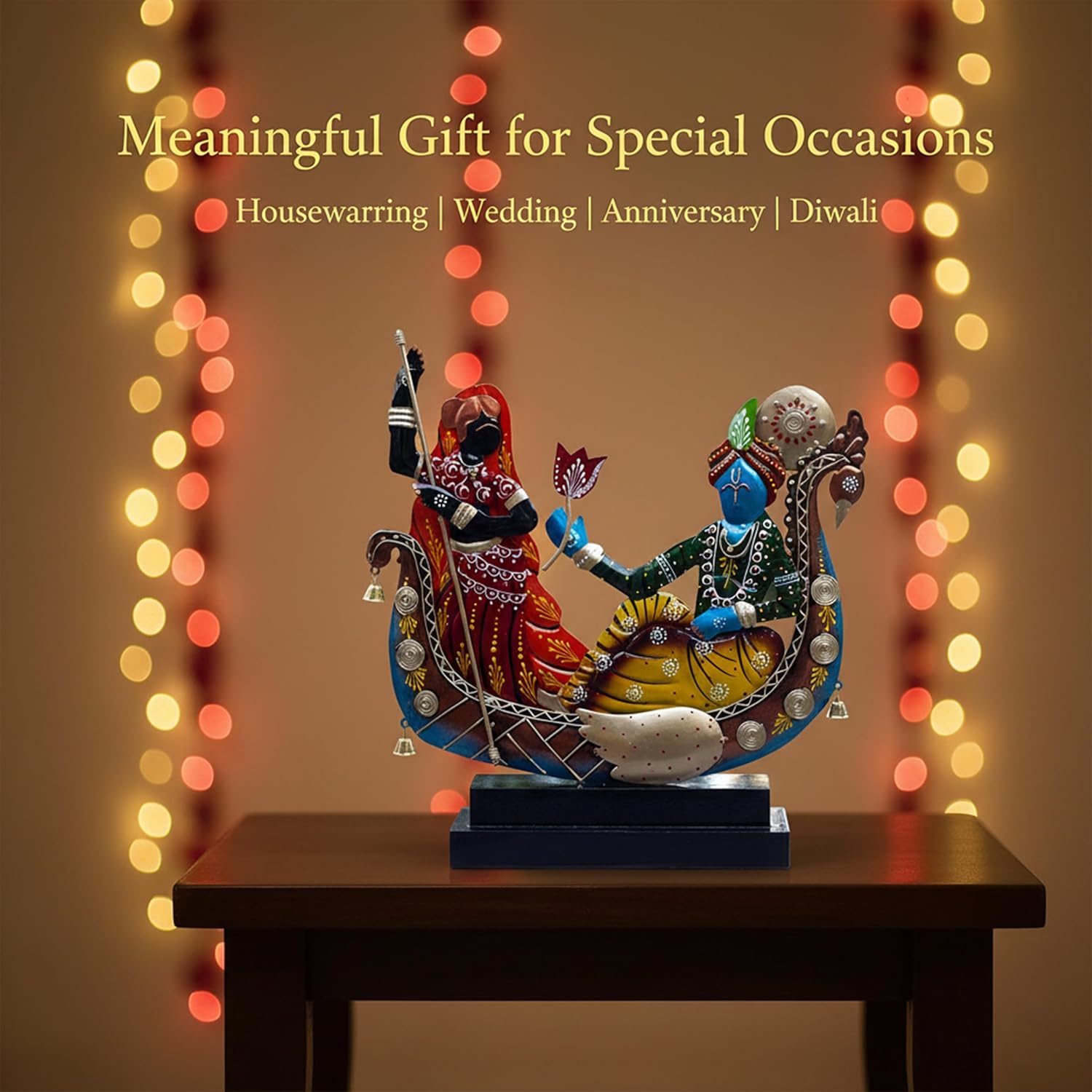 Radha Krishna Boat Showpiece for Home Decor | Iron Metal Decorative Idol with Wooden Base | 15 Inch Spiritual Statue for Living Room, Bedroom, Temple & Gifting — photo — 5 of 9