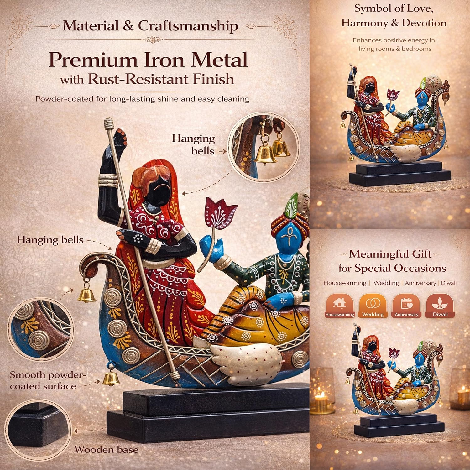 Radha Krishna Boat Showpiece for Home Decor | Iron Metal Decorative Idol with Wooden Base | 15 Inch Spiritual Statue for Living Room, Bedroom, Temple & Gifting — photo — 4 of 9