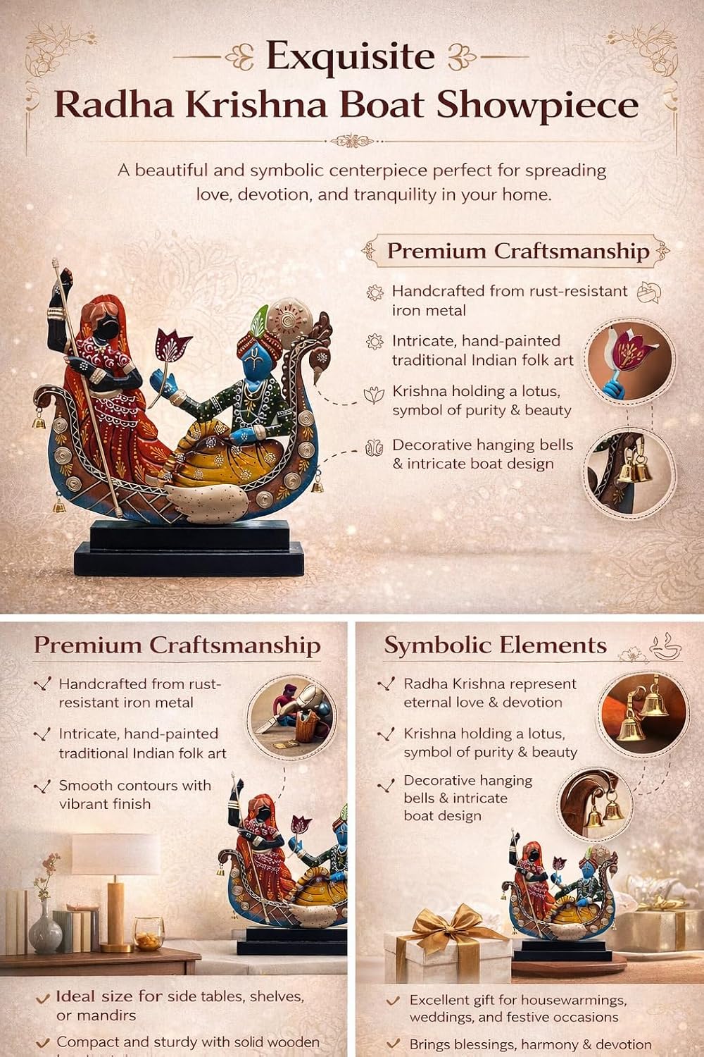 Radha Krishna Boat Showpiece for Home Decor | Iron Metal Decorative Idol with Wooden Base | 15 Inch Spiritual Statue for Living Room, Bedroom, Temple & Gifting — photo — 8 of 9