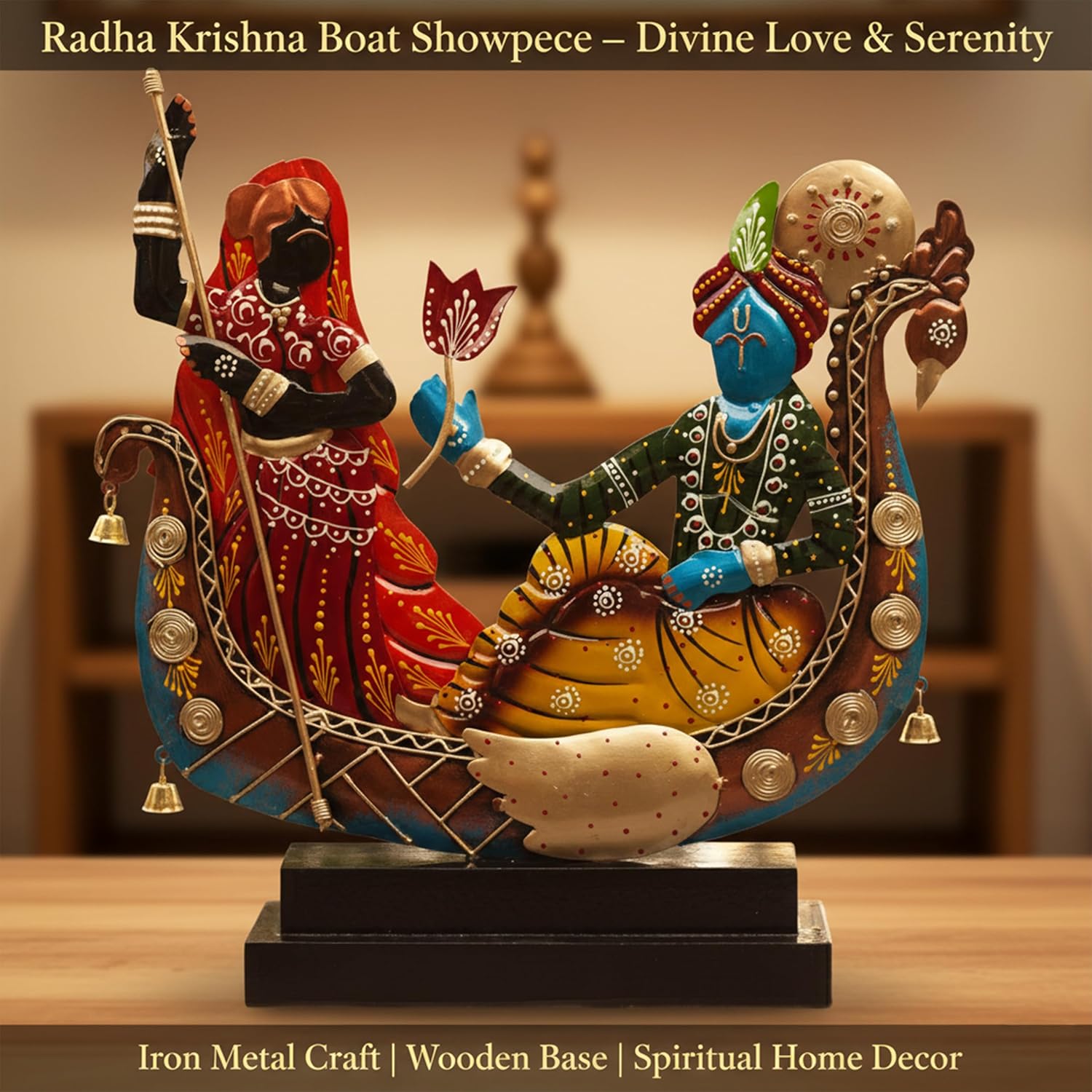 Radha Krishna Boat Showpiece for Home Decor | Iron Metal Decorative Idol with Wooden Base | 15 Inch Spiritual Statue for Living Room, Bedroom, Temple & Gifting — photo — 7 of 9