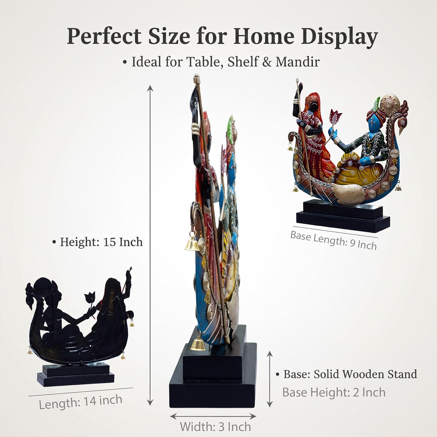 Radha Krishna Boat Showpiece for Home Decor | Iron Metal Decorative Idol with Wooden Base | 15 Inch Spiritual Statue for Living Room, Bedroom, Temple & Gifting — photo — 6 of 9