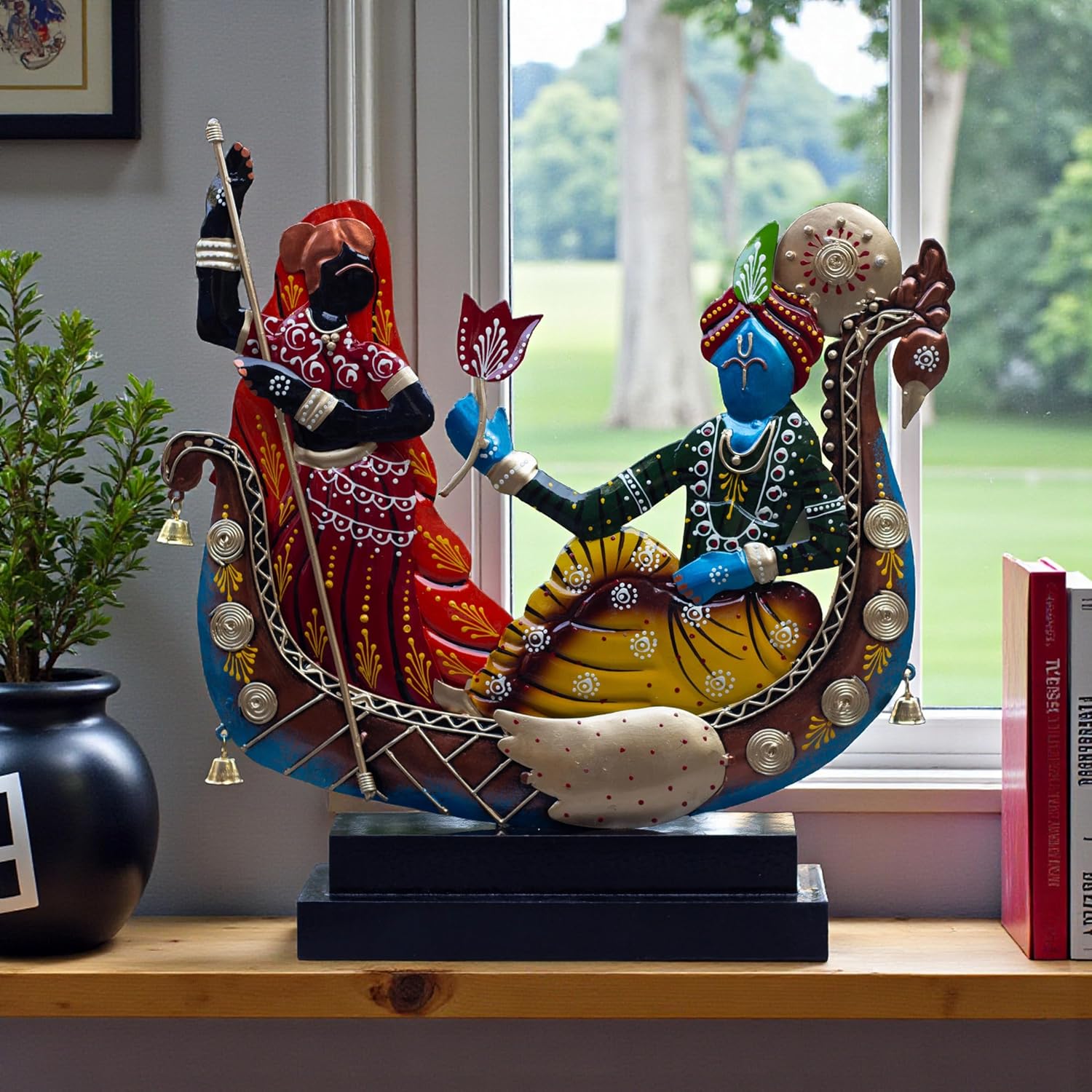 Radha Krishna Boat Showpiece for Home Decor | Iron Metal Decorative Idol with Wooden Base | 15 Inch Spiritual Statue for Living Room, Bedroom, Temple & Gifting — photo — 3 of 9