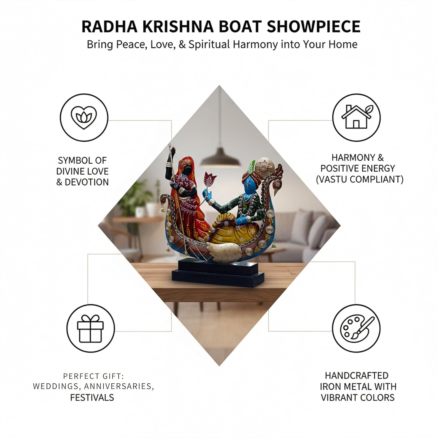 Radha Krishna Boat Showpiece for Home Decor | Iron Metal Decorative Idol with Wooden Base | 15 Inch Spiritual Statue for Living Room, Bedroom, Temple & Gifting — photo — 2 of 9