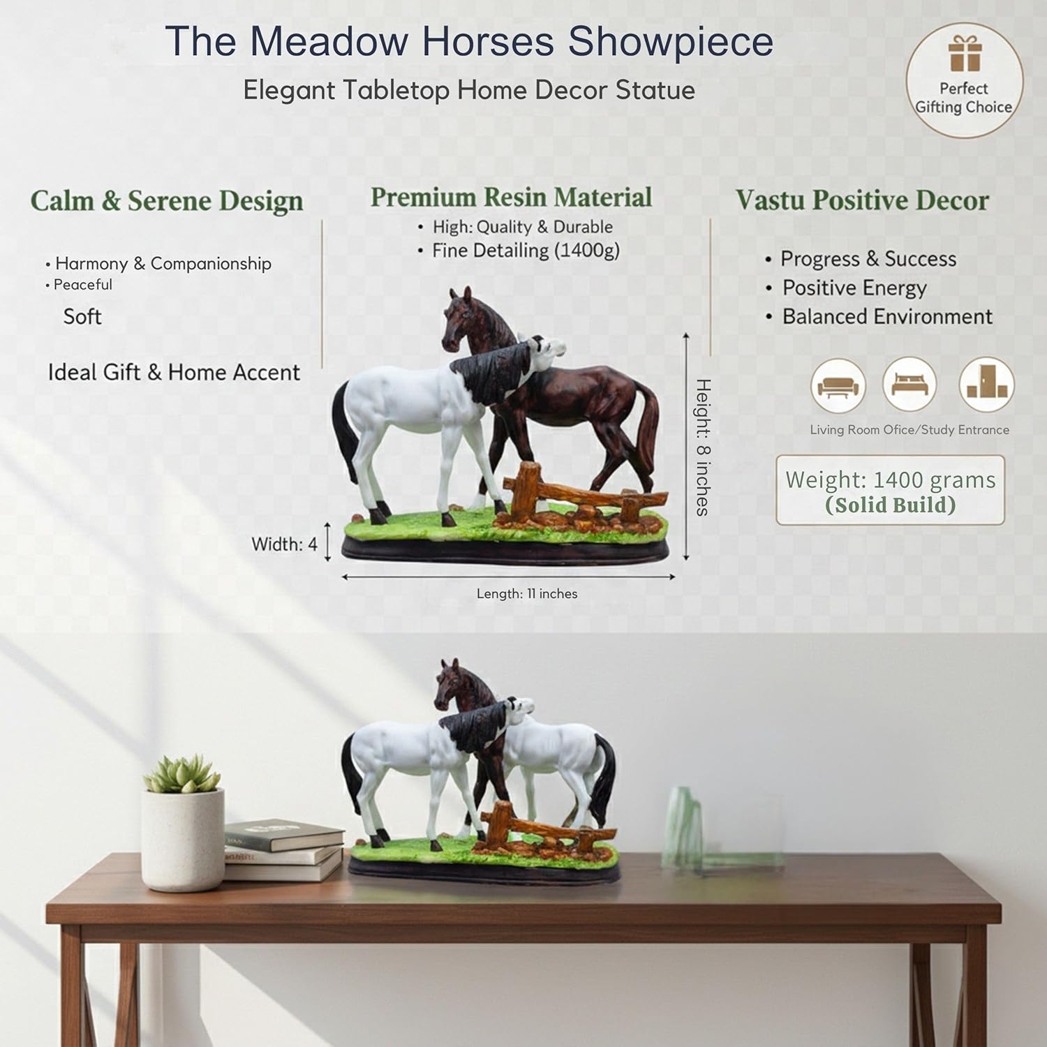 Meadows Horse Showpiece Pair (11x8 inch) for Home Decor Tabletop | Calm & Serene Resin Horses Statue for Living Room Vastu Gifting Office Decor — photo — 4 of 8