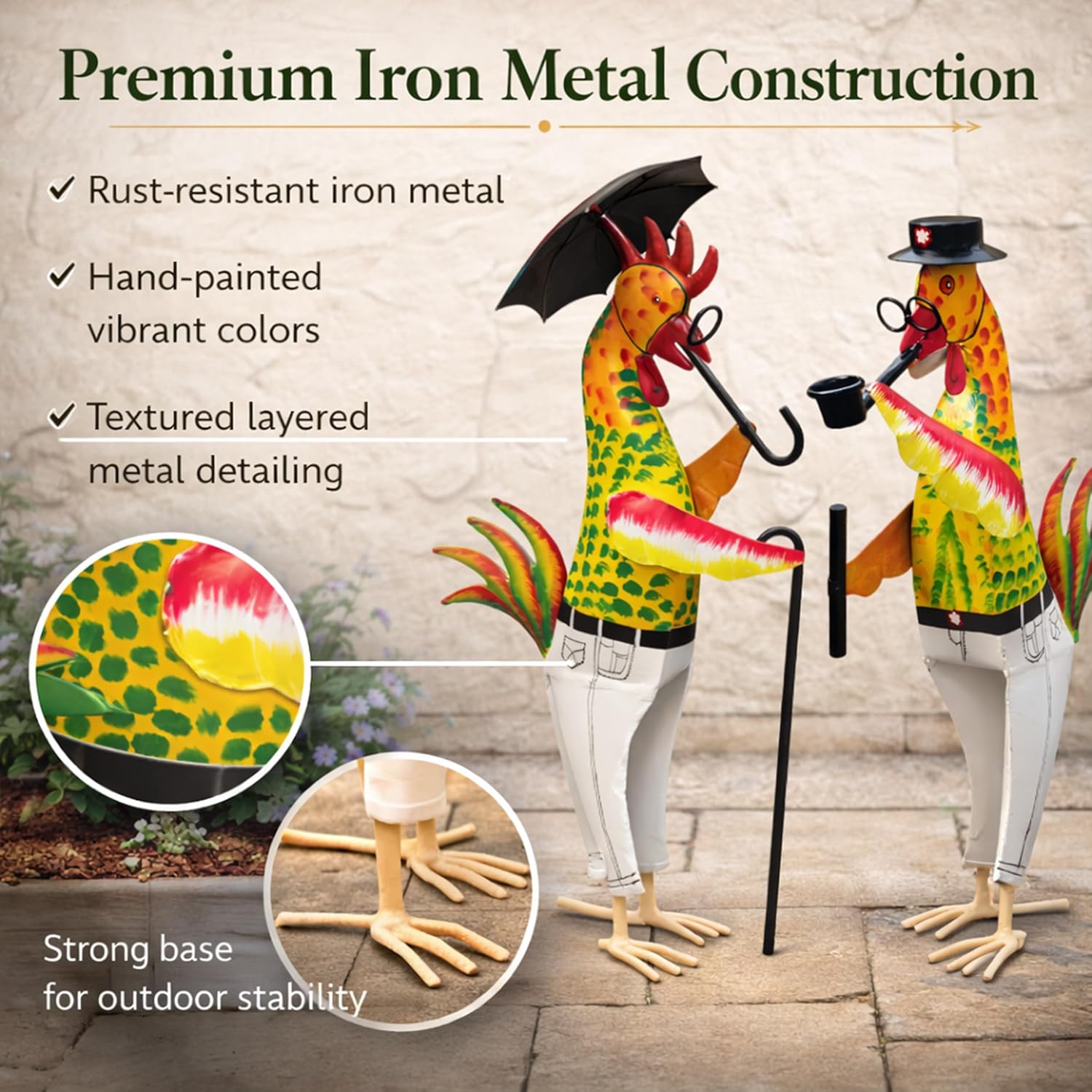 Metal Gentleman Rooster Garden Decor Set of 2 | Iron Chicken Yard Art Statues for Lawn Patio Balcony Home Kitchen Decor Gifting (Gentleman Roosters) — photo — 2 of 9