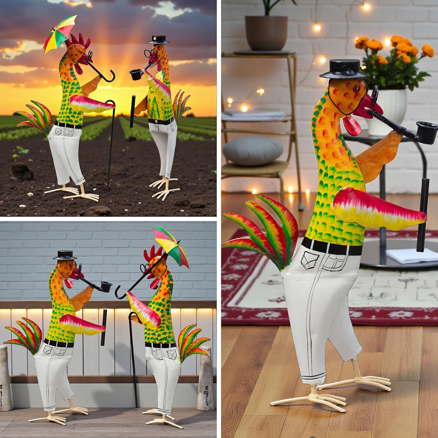 Metal Gentleman Rooster Garden Decor Set of 2 | Iron Chicken Yard Art Statues for Lawn Patio Balcony Home Kitchen Decor Gifting (Gentleman Roosters) — photo — 3 of 9