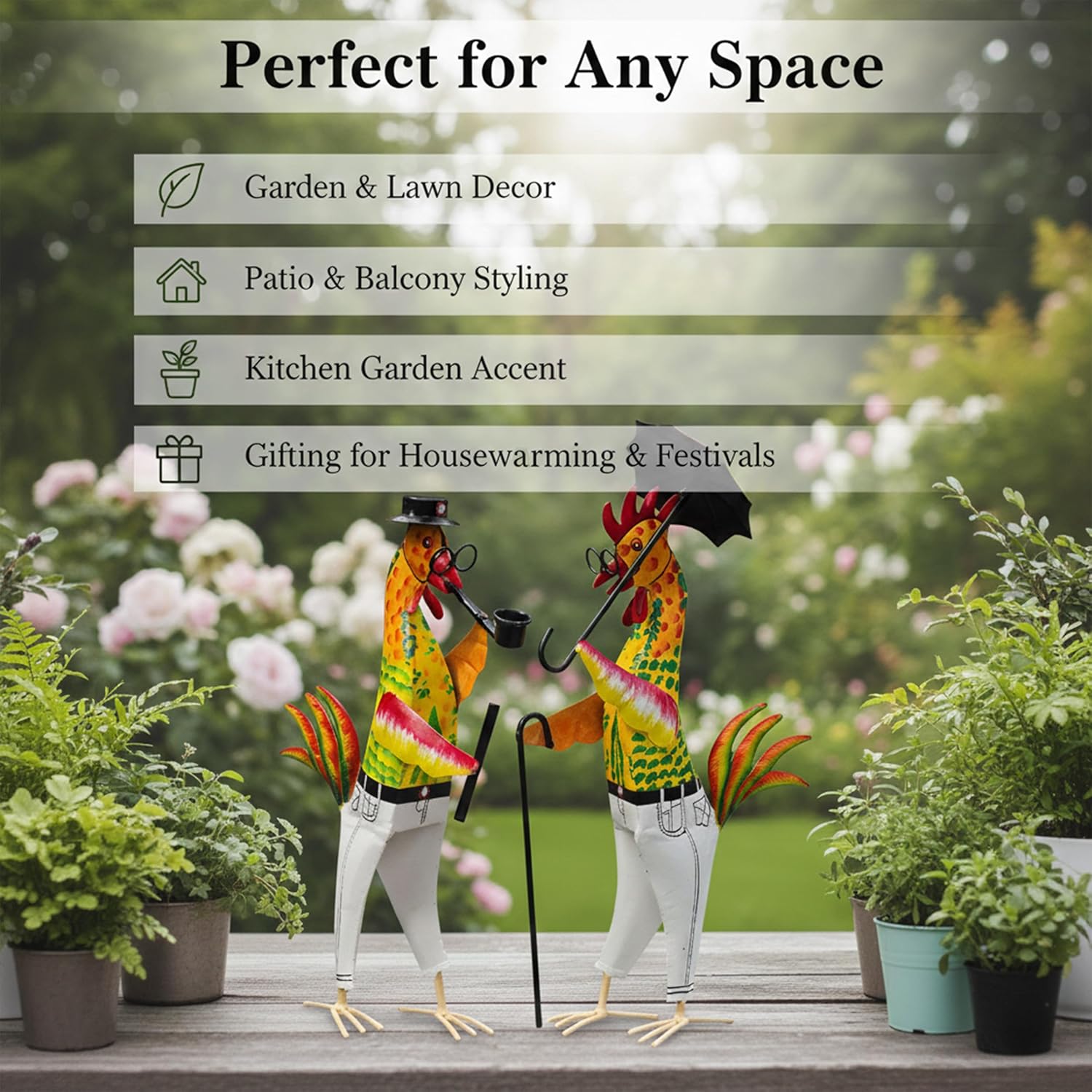 Metal Gentleman Rooster Garden Decor Set of 2 | Iron Chicken Yard Art Statues for Lawn Patio Balcony Home Kitchen Decor Gifting (Gentleman Roosters) — photo — 5 of 9