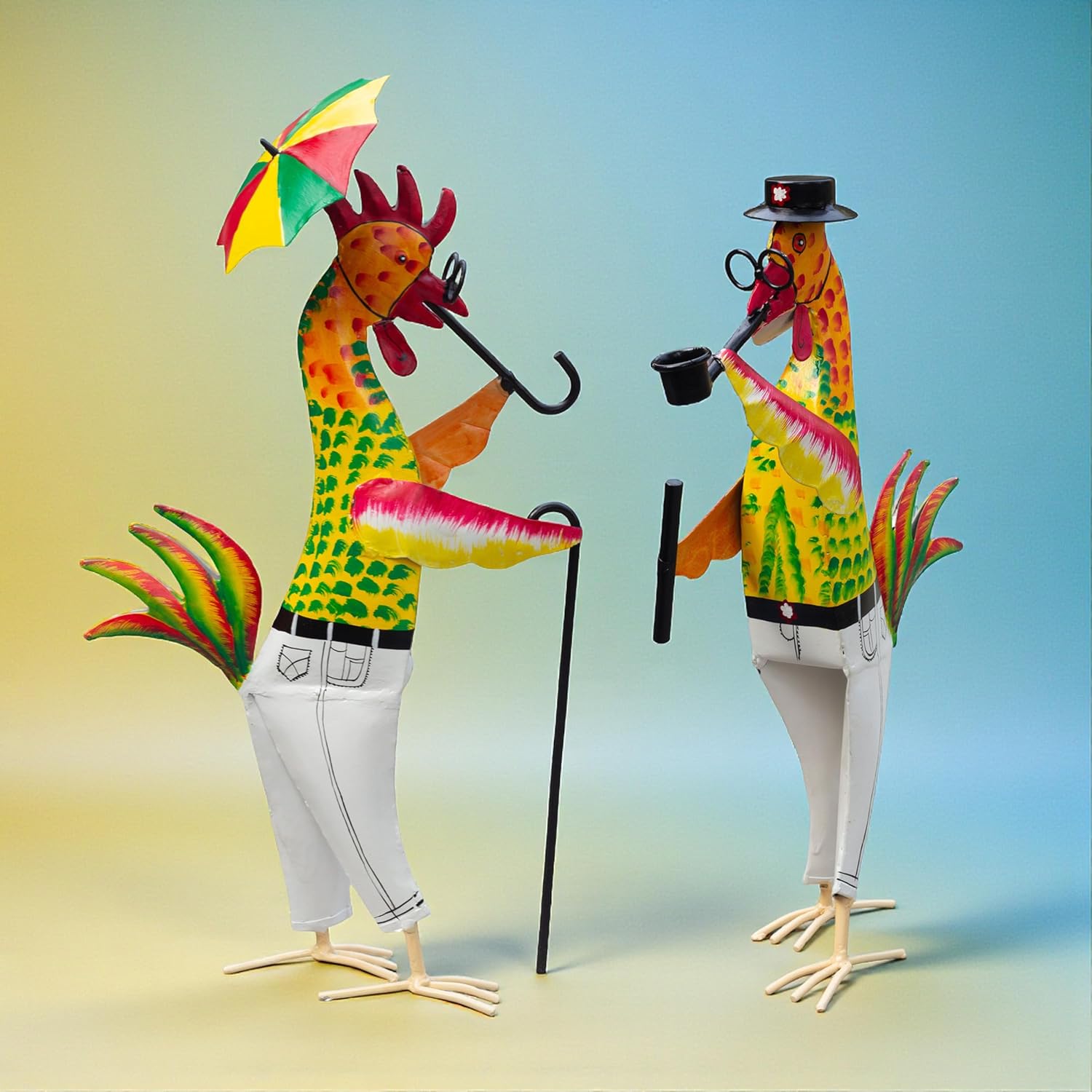Metal Gentleman Rooster Garden Decor Set of 2 | Iron Chicken Yard Art Statues for Lawn Patio Balcony Home Kitchen Decor Gifting (Gentleman Roosters) — photo — 7 of 9