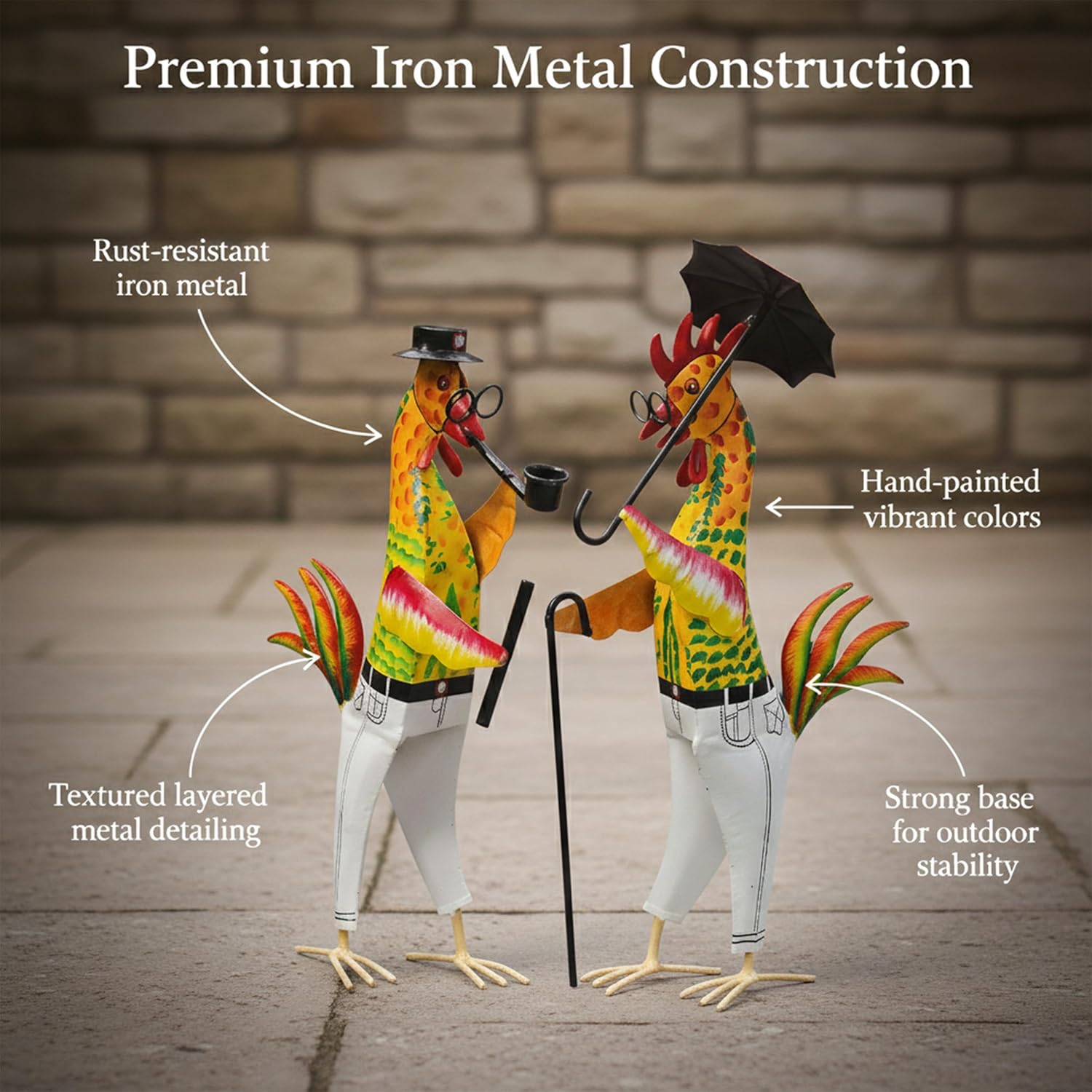 Metal Gentleman Rooster Garden Decor Set of 2 | Iron Chicken Yard Art Statues for Lawn Patio Balcony Home Kitchen Decor Gifting (Gentleman Roosters) — photo — 9 of 9