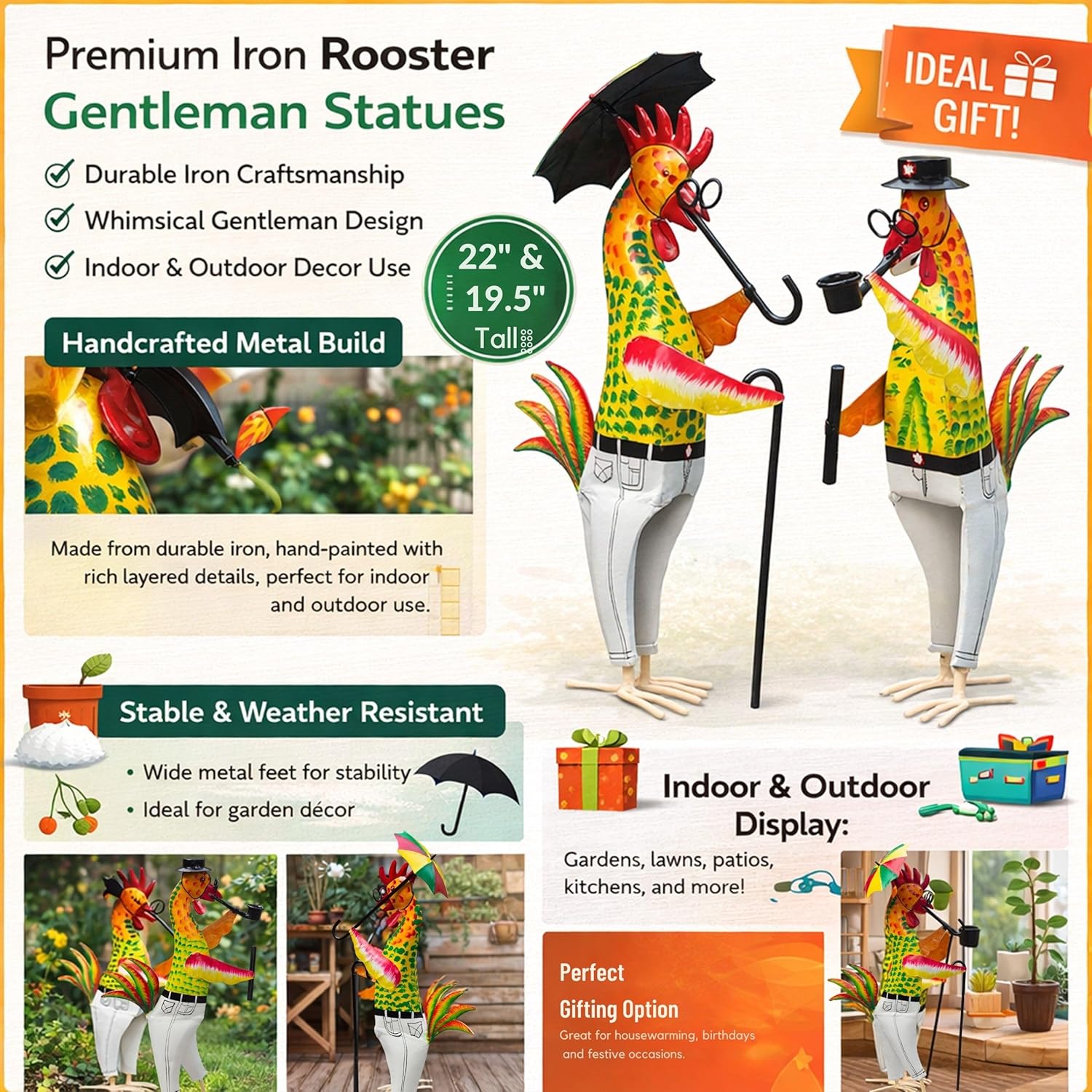 Metal Gentleman Rooster Garden Decor Set of 2 | Iron Chicken Yard Art Statues for Lawn Patio Balcony Home Kitchen Decor Gifting (Gentleman Roosters) — photo — 8 of 9