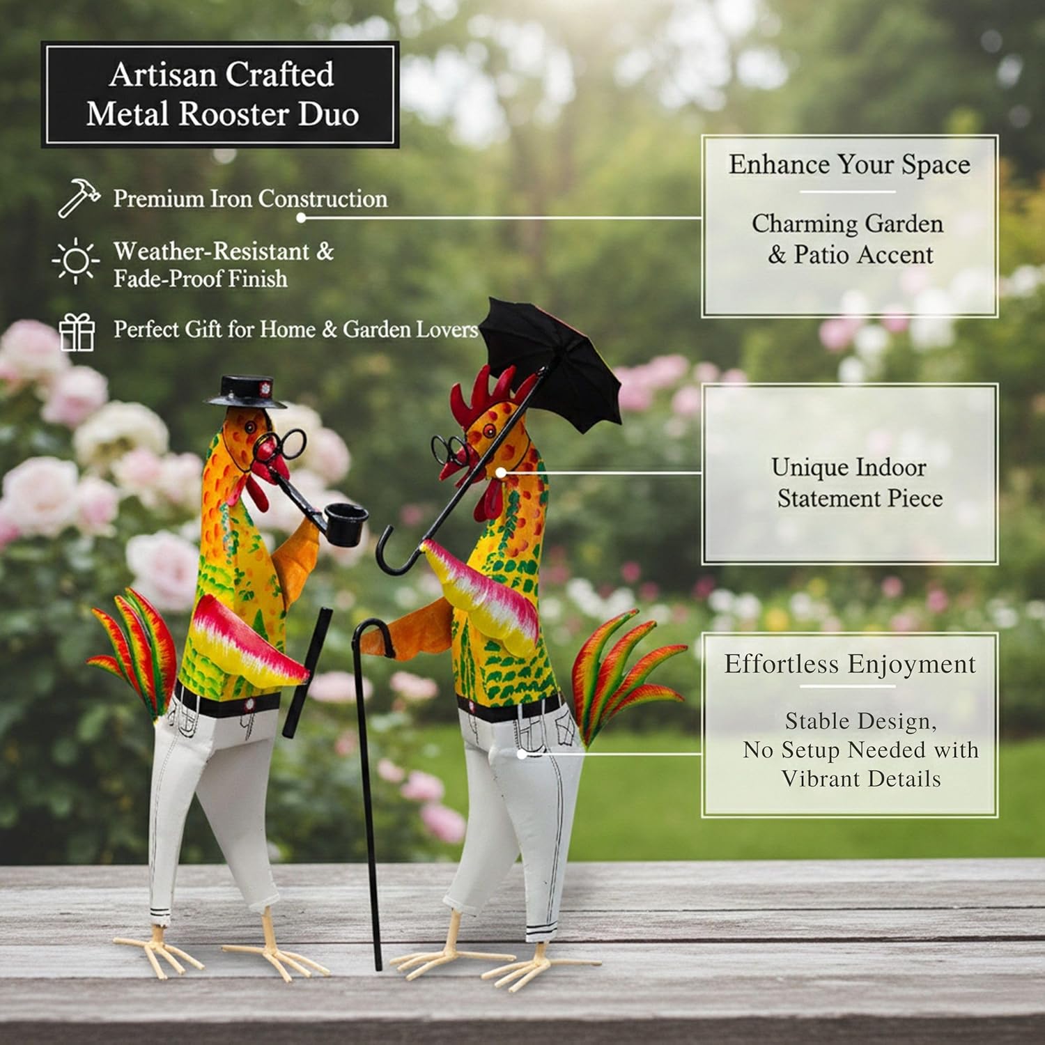 Metal Gentleman Rooster Garden Decor Set of 2 | Iron Chicken Yard Art Statues for Lawn Patio Balcony Home Kitchen Decor Gifting (Gentleman Roosters) — photo — 4 of 9