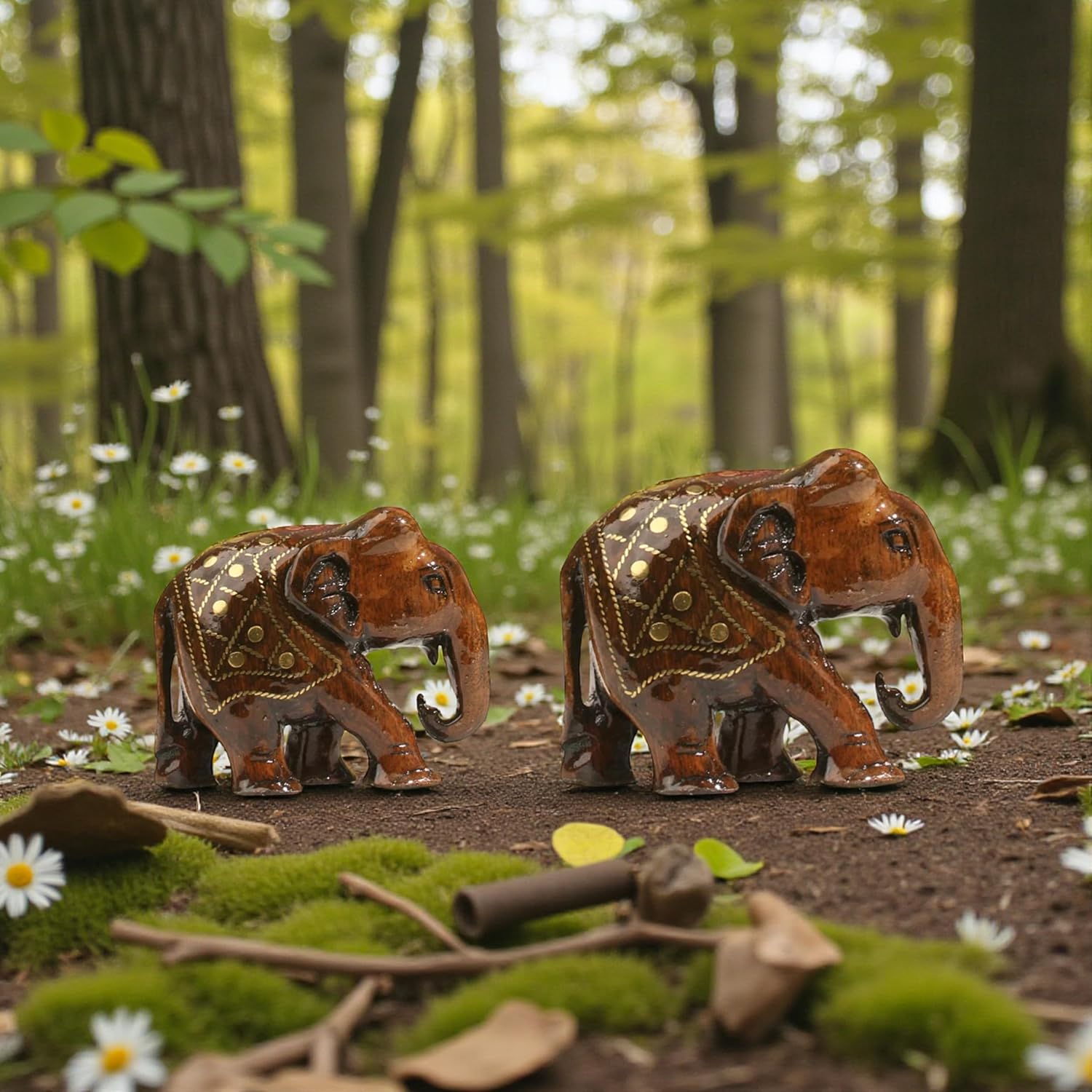 Handcrafted Wooden Taarkasi Elephant Showpiece Set of 2 for Home Decor Tabletop | Brass Inlay Elephant Statue for Vastu, Gifting & Office Decor — photo — 7 of 7