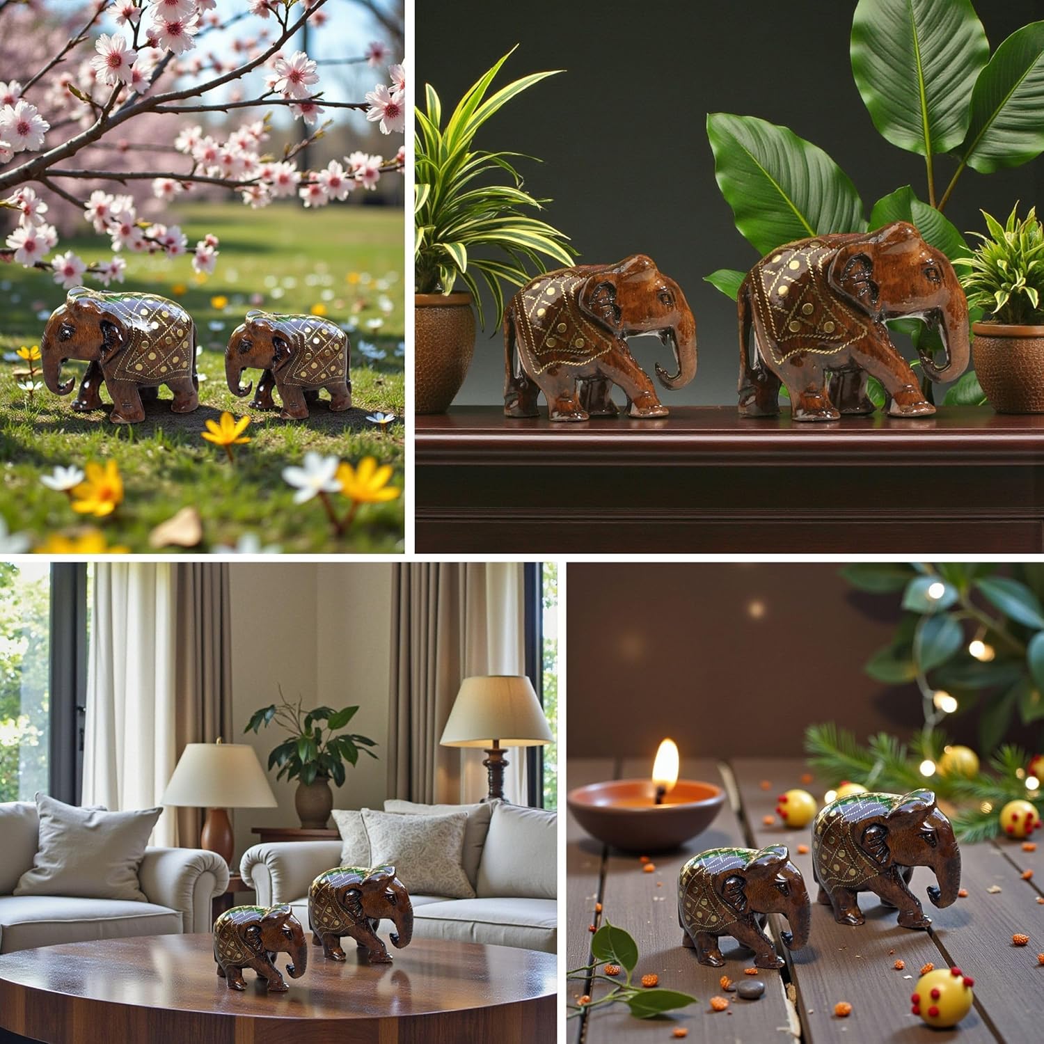 Handcrafted Wooden Taarkasi Elephant Showpiece Set of 2 for Home Decor Tabletop | Brass Inlay Elephant Statue for Vastu, Gifting & Office Decor — photo — 4 of 7