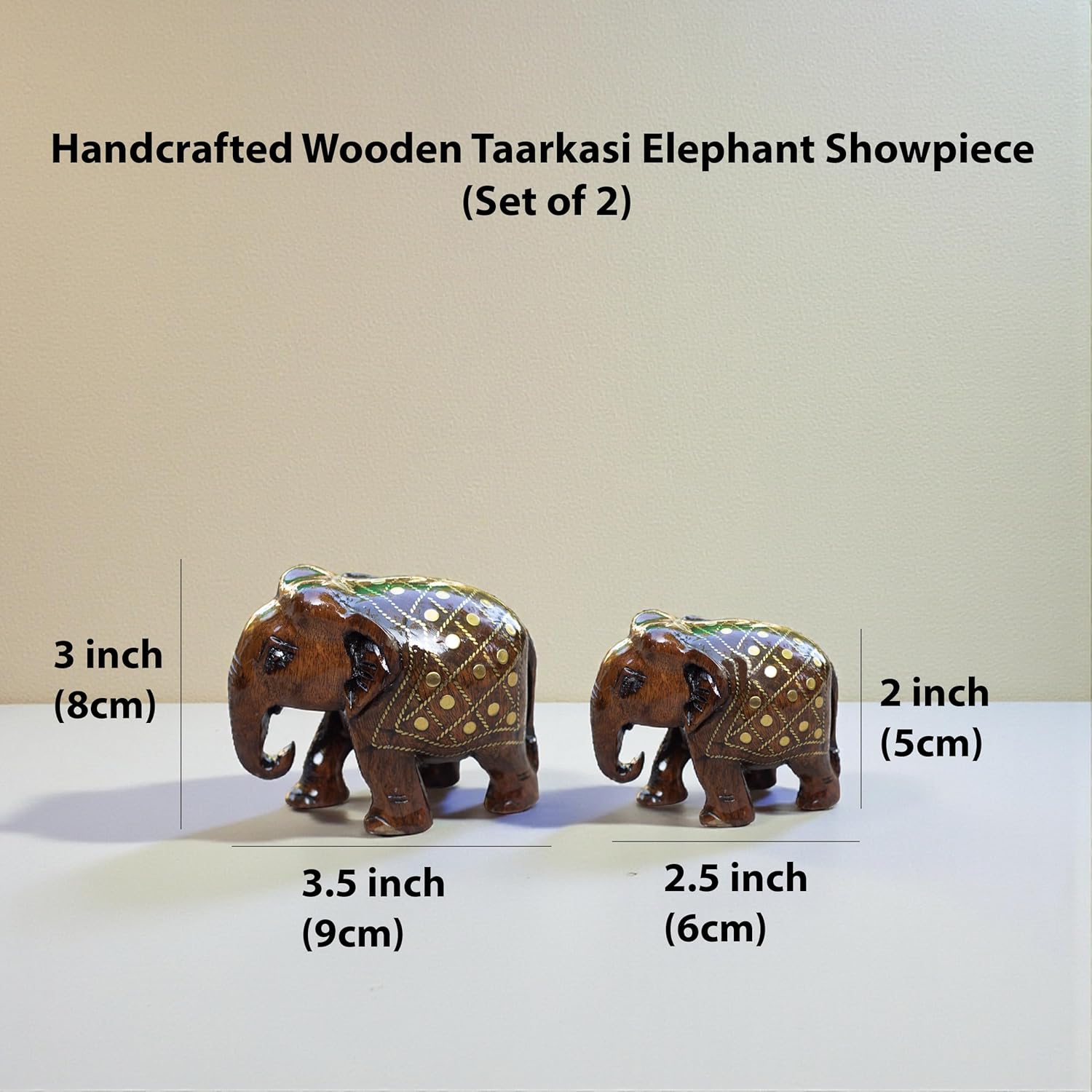 Handcrafted Wooden Taarkasi Elephant Showpiece Set of 2 for Home Decor Tabletop | Brass Inlay Elephant Statue for Vastu, Gifting & Office Decor — photo — 6 of 7