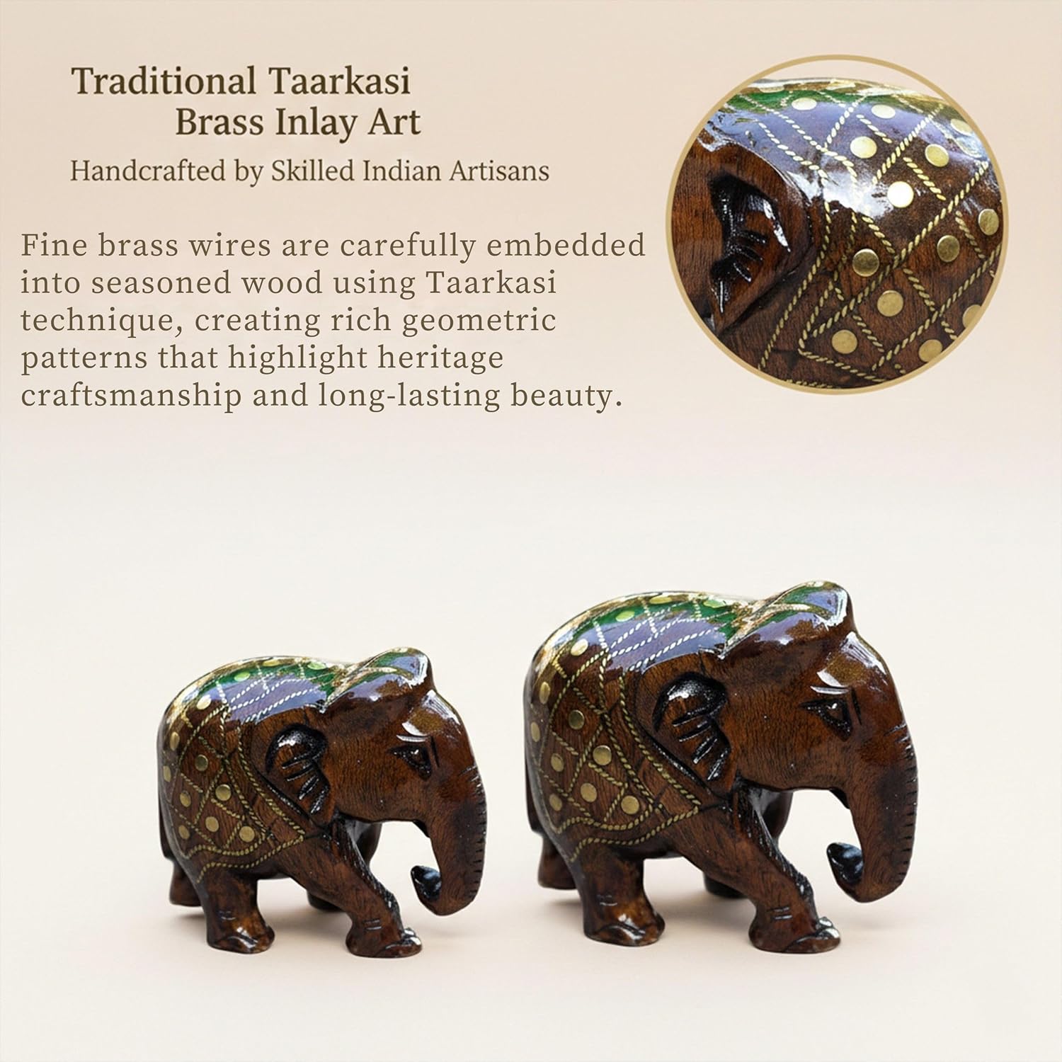 Handcrafted Wooden Taarkasi Elephant Showpiece Set of 2 for Home Decor Tabletop | Brass Inlay Elephant Statue for Vastu, Gifting & Office Decor — photo — 2 of 7