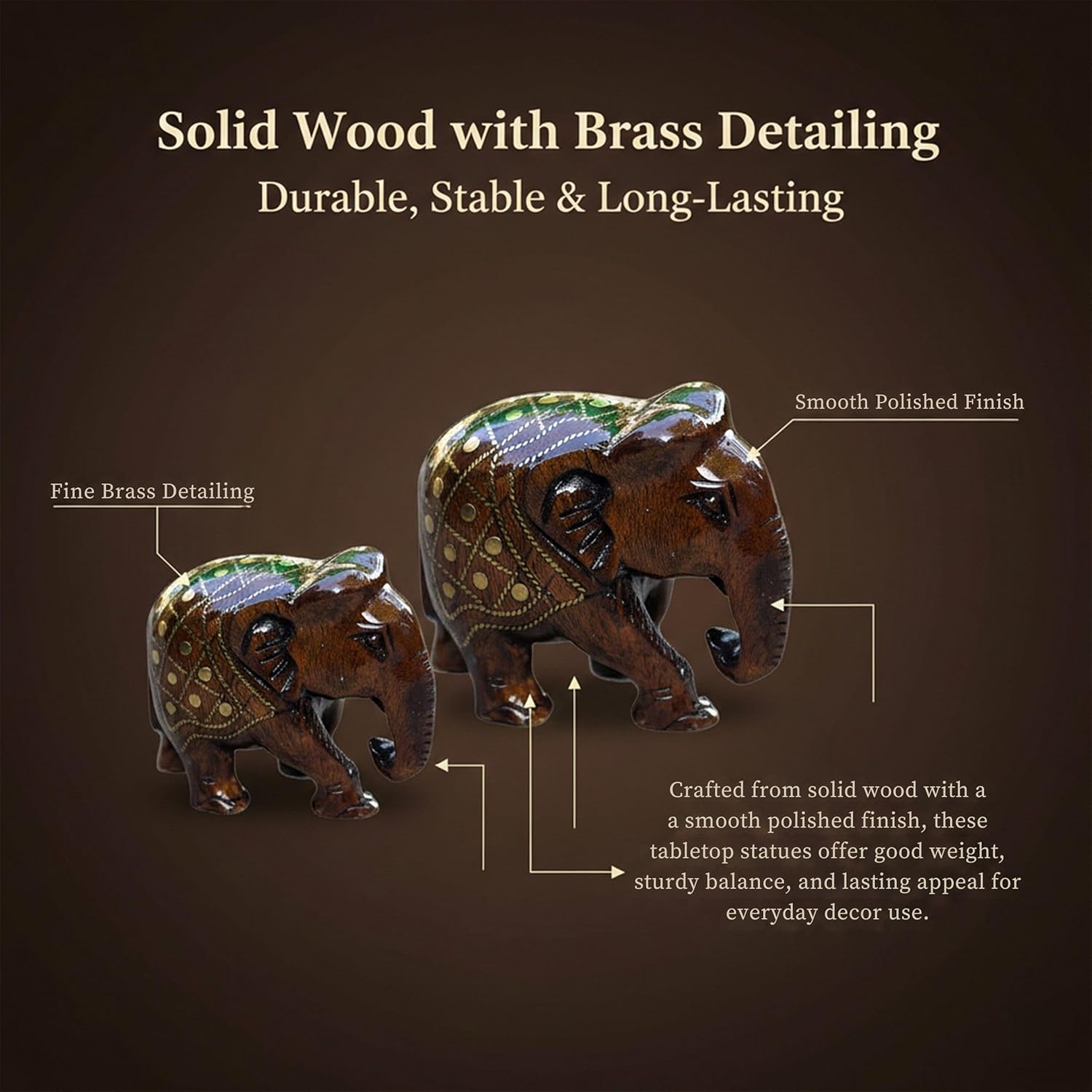 Handcrafted Wooden Taarkasi Elephant Showpiece Set of 2 for Home Decor Tabletop | Brass Inlay Elephant Statue for Vastu, Gifting & Office Decor — photo — 3 of 7