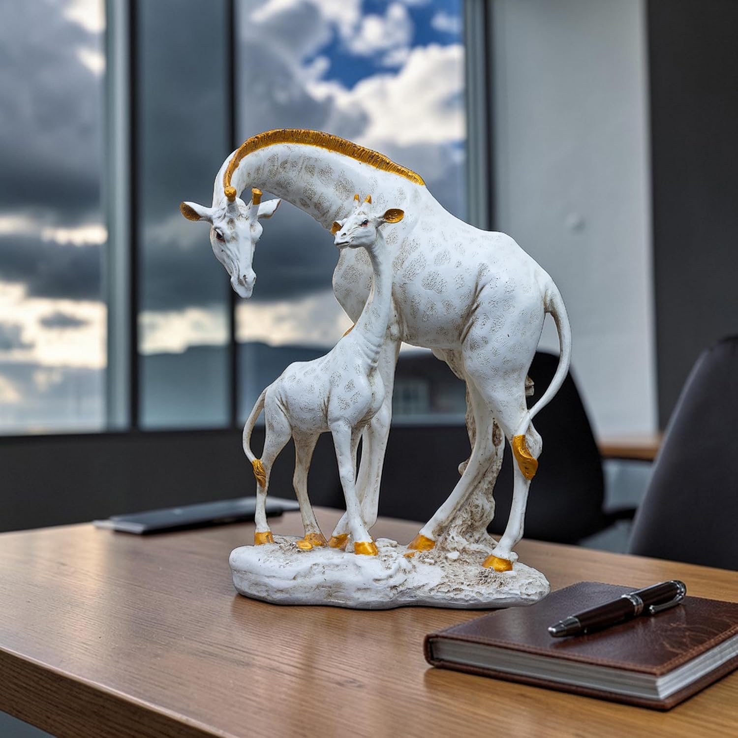 White Giraffe Mother & Baby Statue with Gold Accents | Resin Animal Showpiece for Home Decor Tabletop | Vastu Symbol of Grace Protection | Gift Decor Figurine — photo — 7 of 8