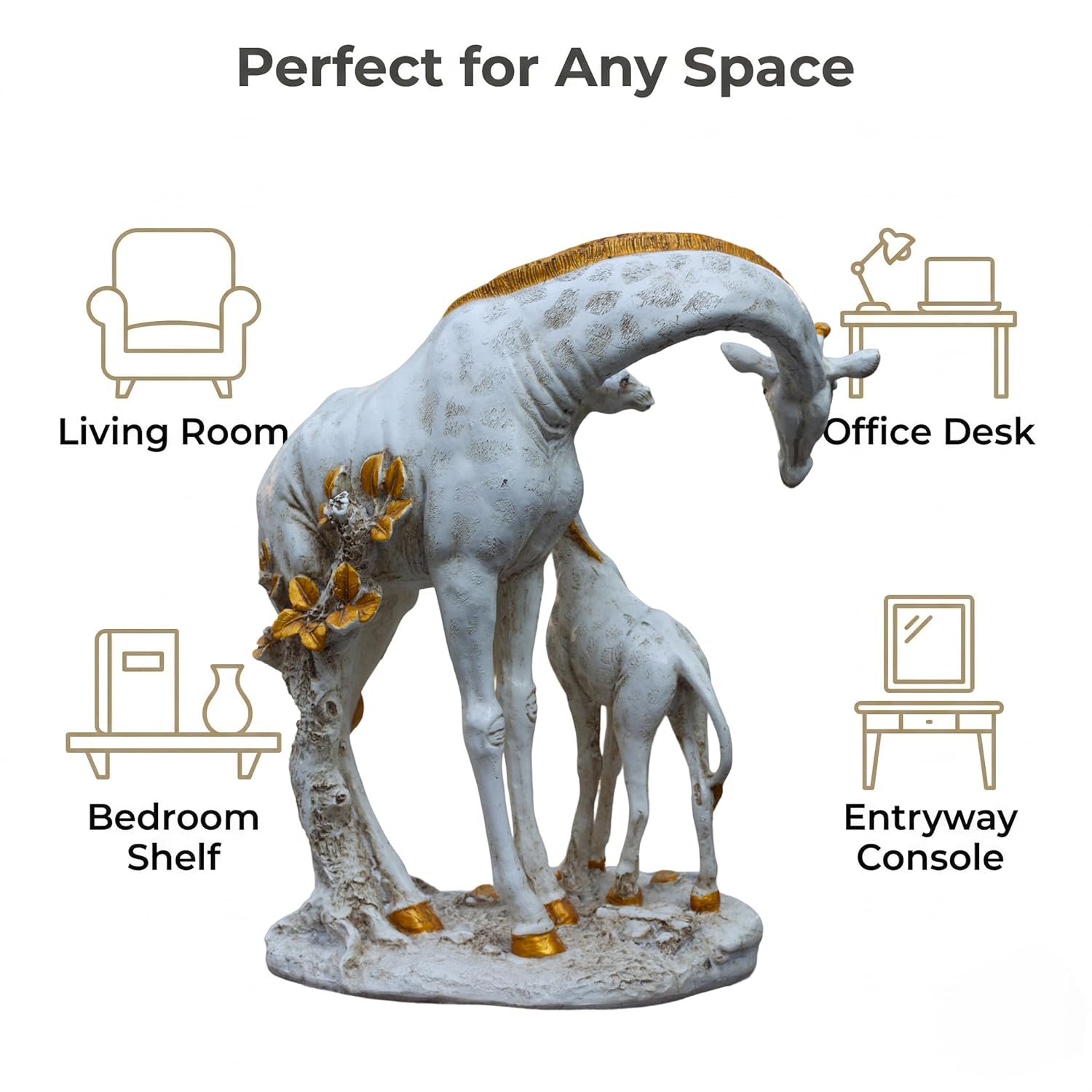 White Giraffe Mother & Baby Statue with Gold Accents | Resin Animal Showpiece for Home Decor Tabletop | Vastu Symbol of Grace Protection | Gift Decor Figurine — photo — 6 of 8