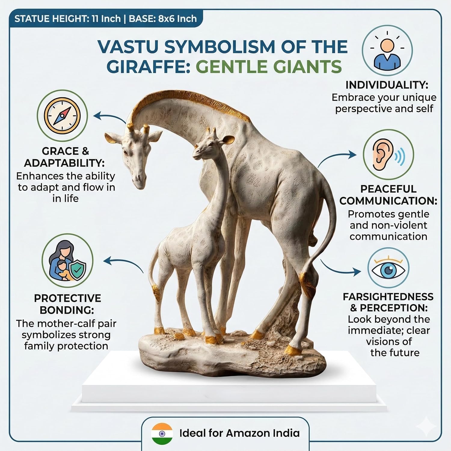 White Giraffe Mother & Baby Statue with Gold Accents | Resin Animal Showpiece for Home Decor Tabletop | Vastu Symbol of Grace Protection | Gift Decor Figurine — photo — 3 of 8