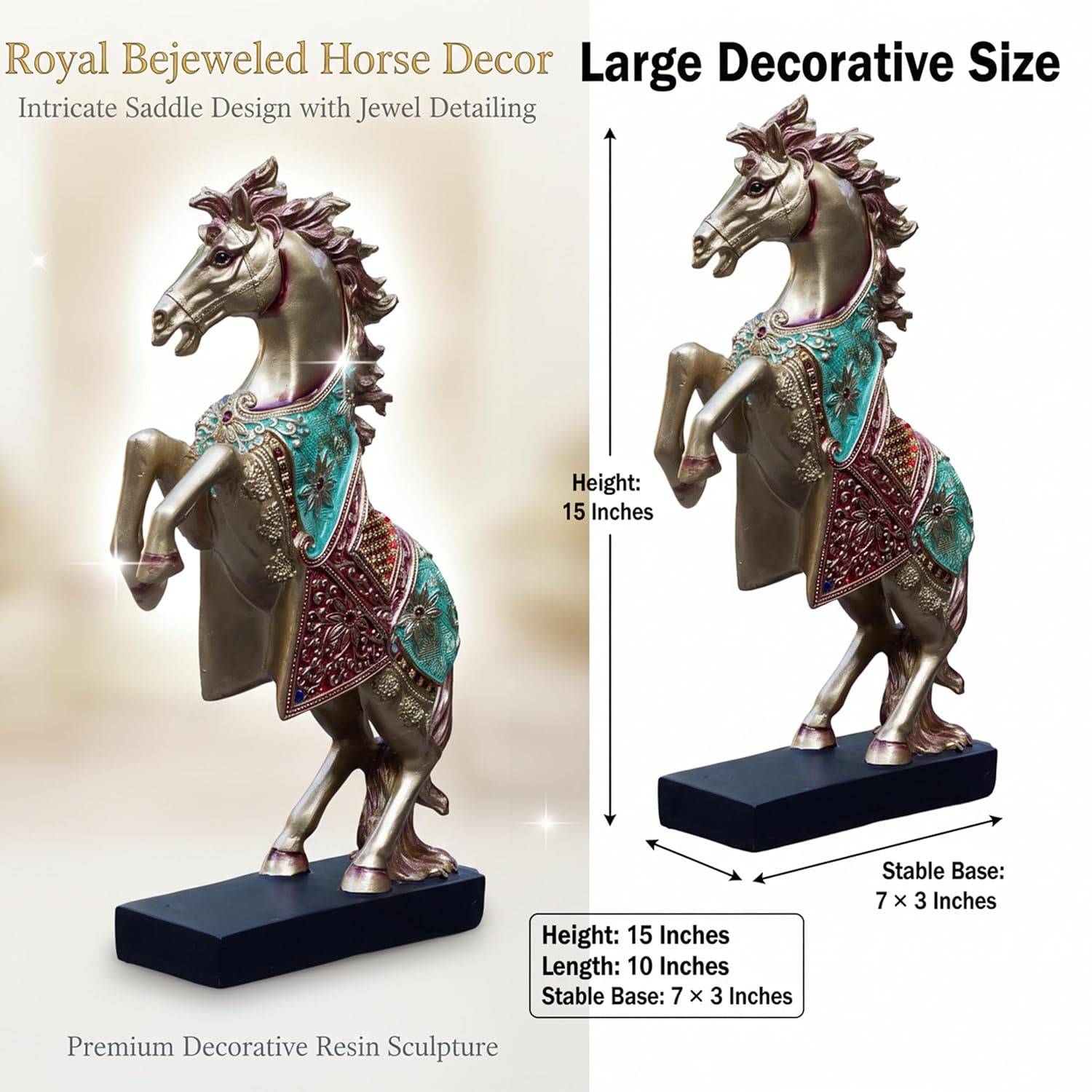 Royal Bejeweled Majestic Horse Showpiece Statue for Home Decor | Vastu Symbol of Power Success | Living Room Office Decor Gift (15x10 inch) — photo — 4 of 8