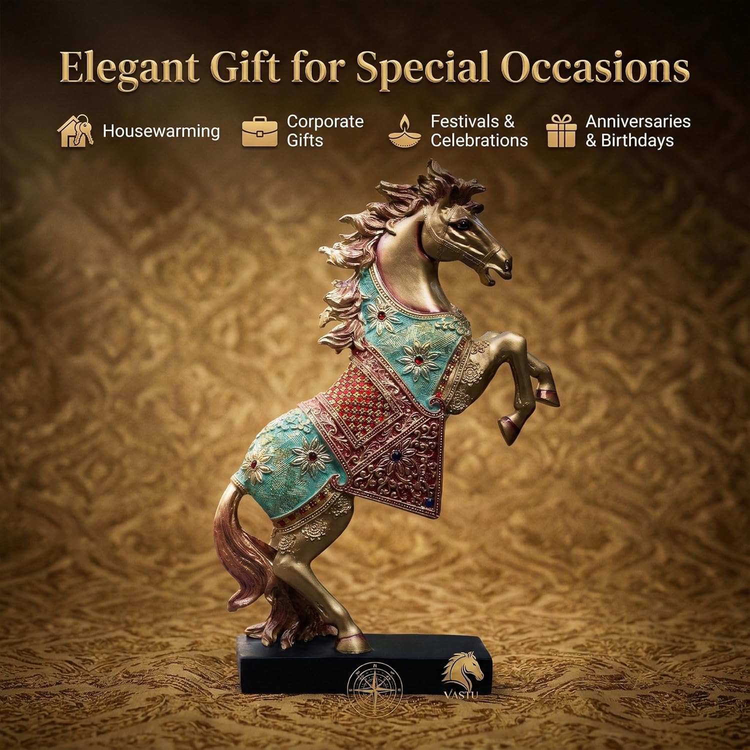 Royal Bejeweled Majestic Horse Showpiece Statue for Home Decor | Vastu Symbol of Power Success | Living Room Office Decor Gift (15x10 inch) — photo — 5 of 8