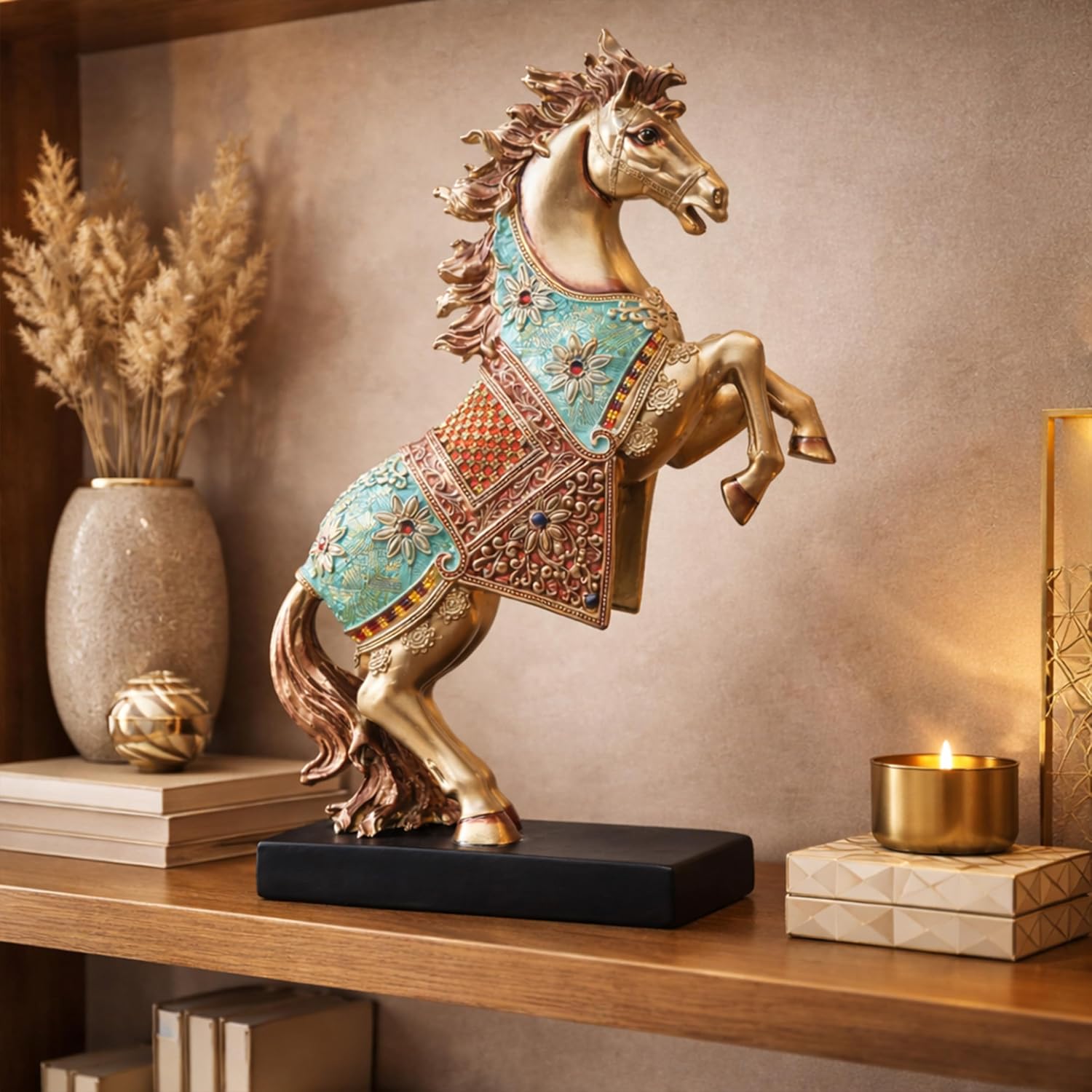 Royal Bejeweled Majestic Horse Showpiece Statue for Home Decor | Vastu Symbol of Power Success | Living Room Office Decor Gift (15x10 inch)