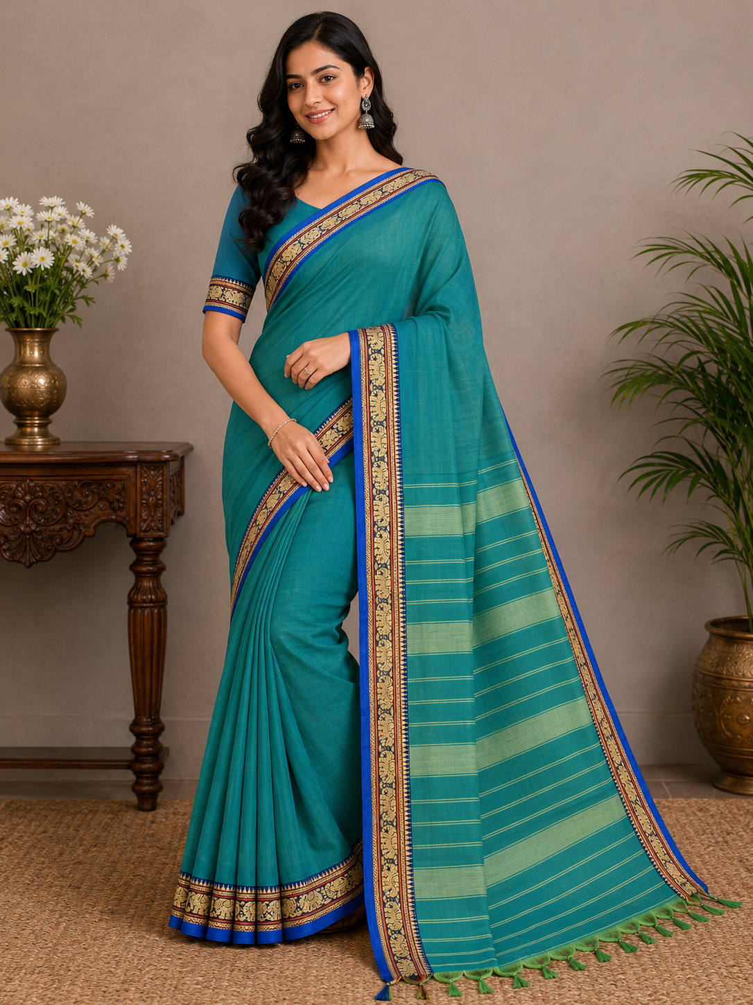 Dual Tone Elephant Green Small Border Narayanpet Pure Handloom Cotton Sarees With Running Blouse Piece For Women.png